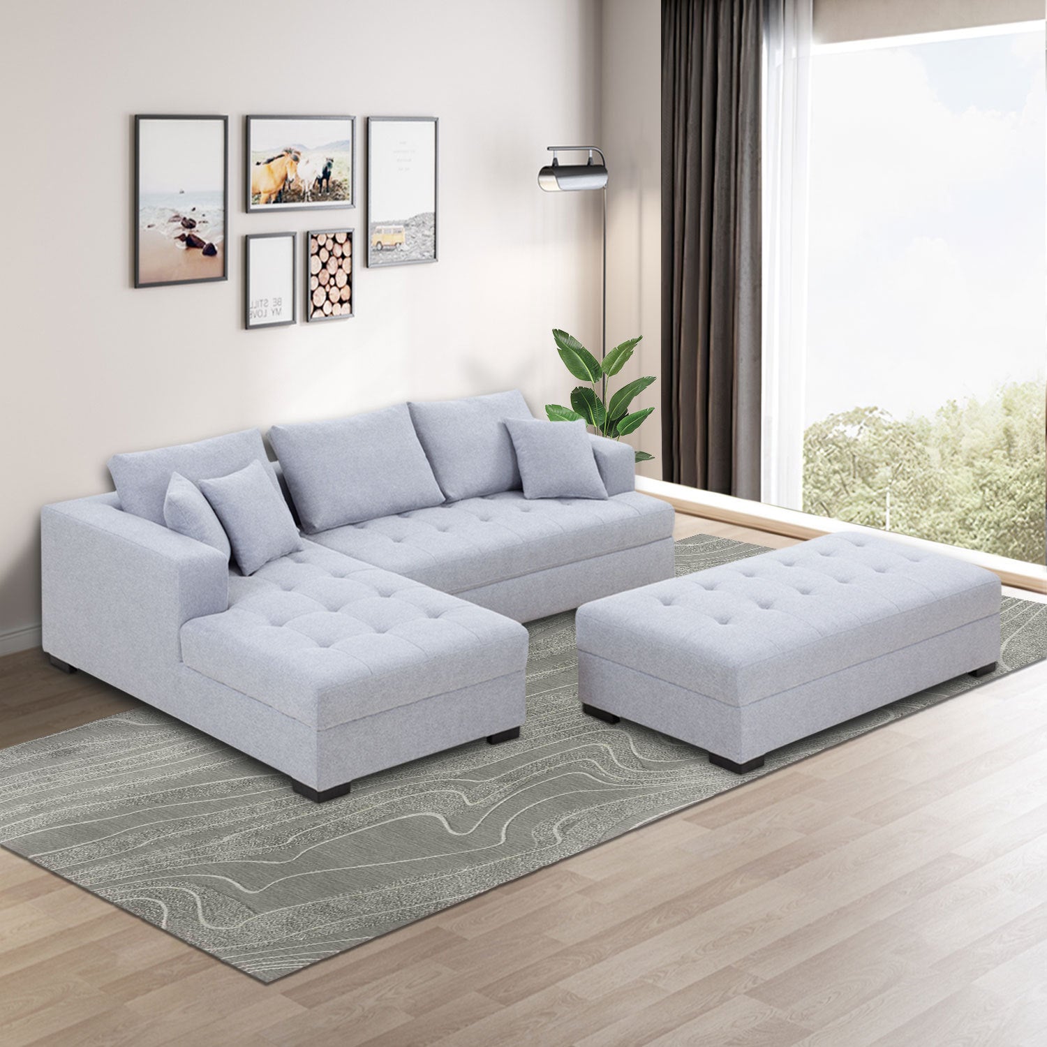 Tufted Fabric 3 Seat L Shape Sectional Sofa Couch Set light grey-fabric