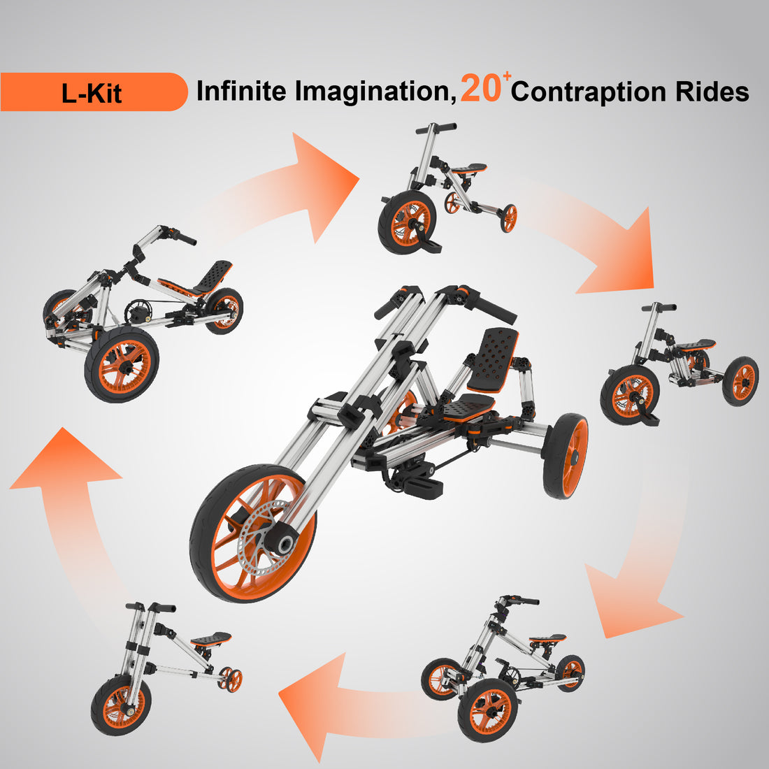 Kidrock Buildable Kit 20 In 1 Kids Go Kart Set, Suitable For 1 To 8 Years Old, Two Wheel Bike, Three Wheel Bike, Go Kart, Sit Stand Scooter, Etc. Most Popular L Kit Non Electric Silver Aluminum