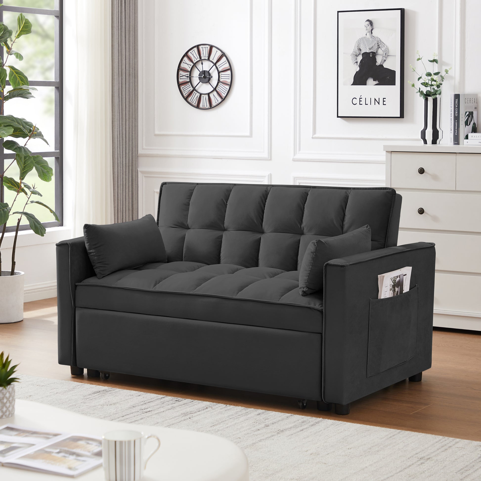 Modern Velvet Loveseat Futon Sofa Couch W Pullout Bed,Small Beautiful Seat Lounge Sofa W Reclining Backrest,Toss Pillows, Pockets,Furniture For Living Room,3 In 1 Convertible Sleeper Sofa Bed, Black Black Velvet 2 Seat