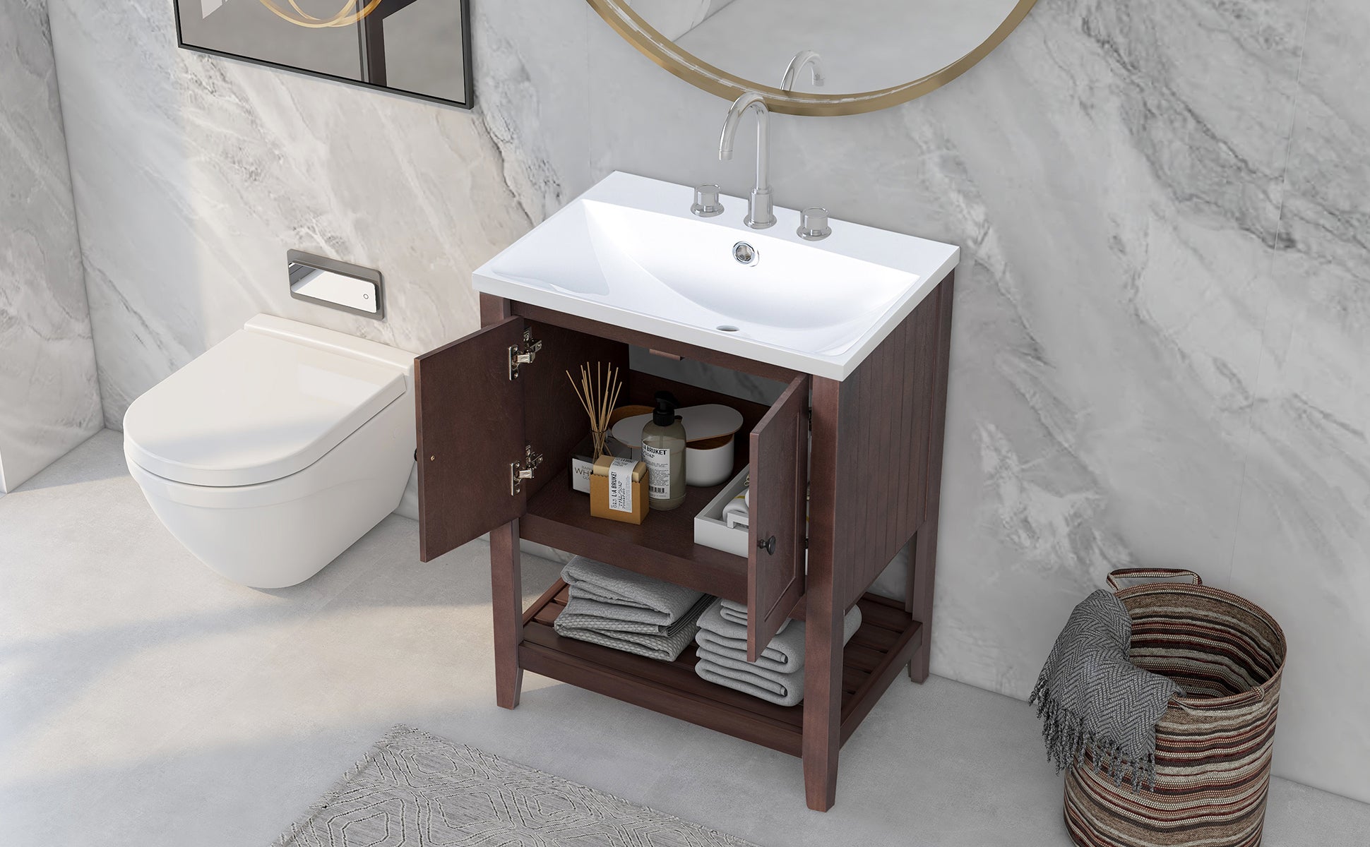 VIDEO 24" Brown Modern Sleek Bathroom Vanity Elegant brown-solid wood+mdf