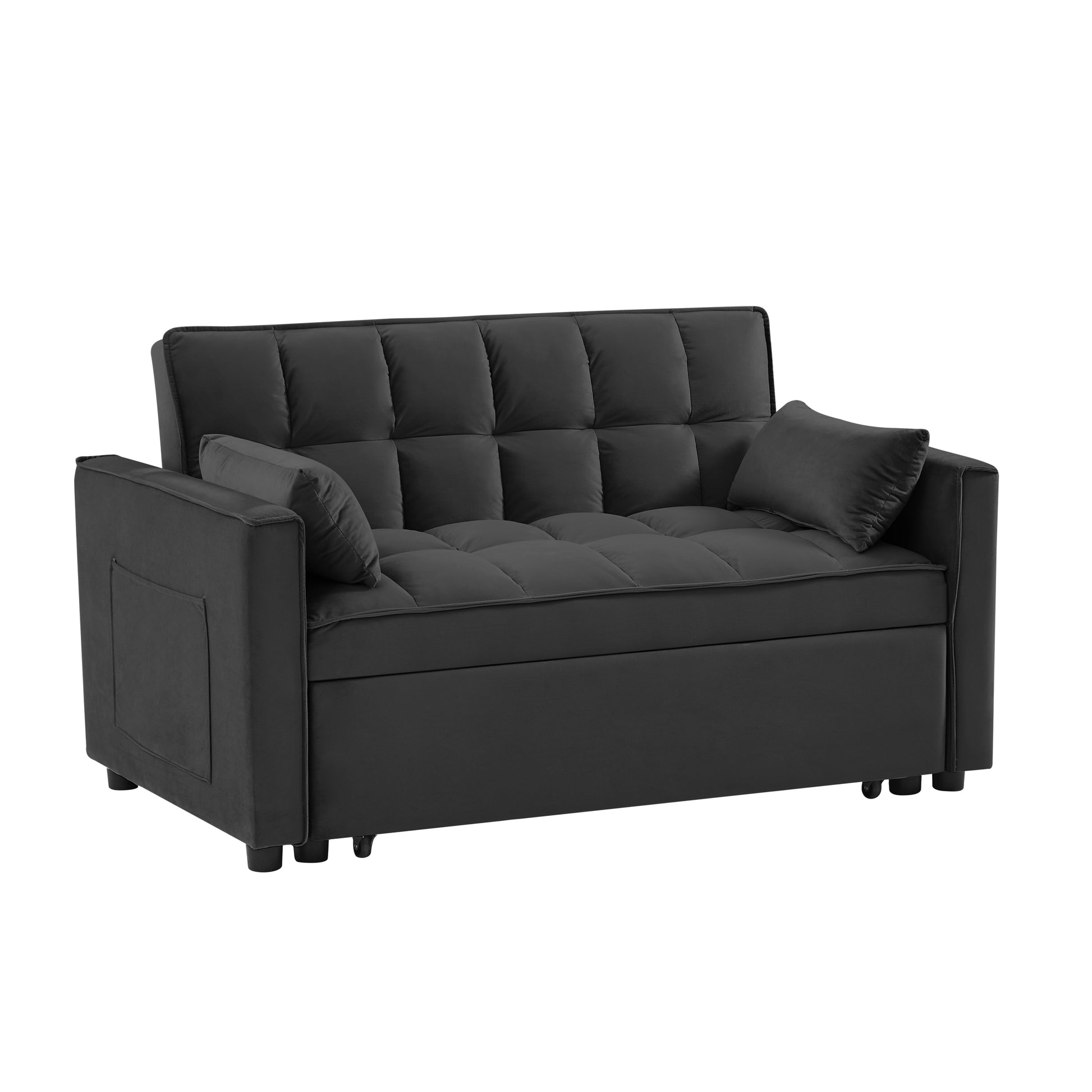 Modern Velvet Loveseat Futon Sofa Couch W Pullout Bed,Small Beautiful Seat Lounge Sofa W Reclining Backrest,Toss Pillows, Pockets,Furniture For Living Room,3 In 1 Convertible Sleeper Sofa Bed, Black Black Velvet 2 Seat