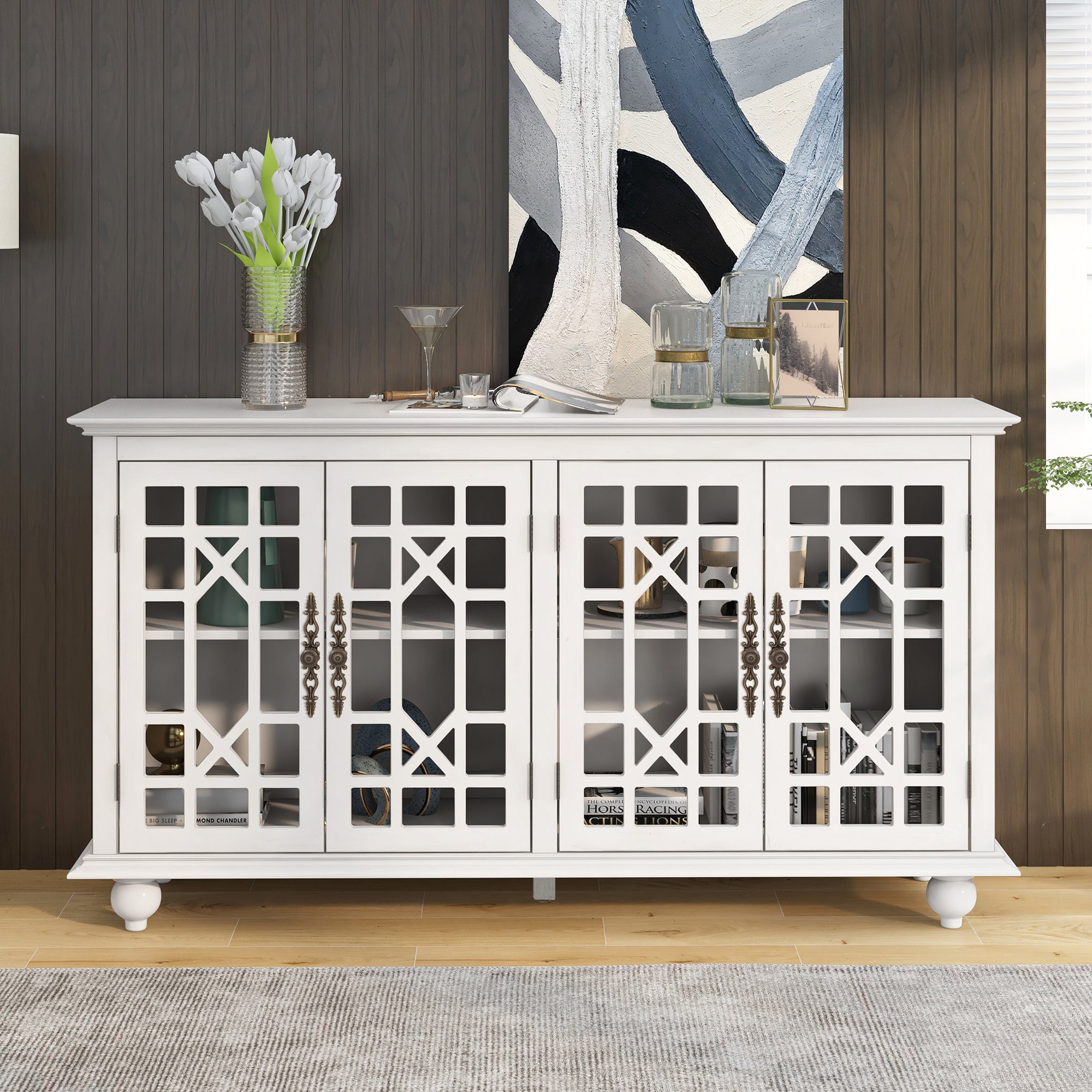 Sideboard with Adjustable Height Shelves, Metal antique white-mdf