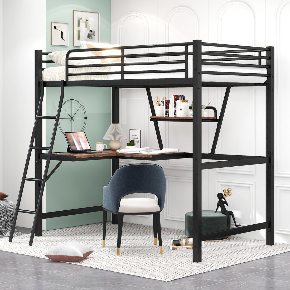 Twin Size Loft Metal&Mdf Bed With Desk And Shelf, Black Old Sku:Sm001105Aab 1 Twin Black Metal