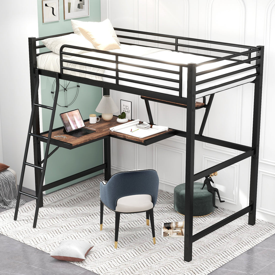 Twin Size Loft Metal&MDF Bed with Desk and Shelf silver-metal