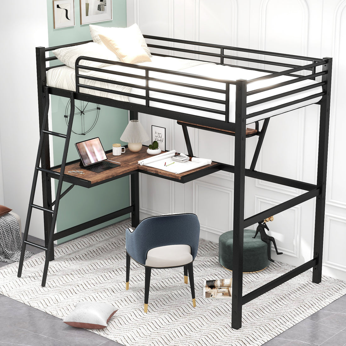 Twin Size Loft Metal&Mdf Bed With Desk And Shelf, Black Old Sku:Sm001105Aab 1 Twin Black Metal