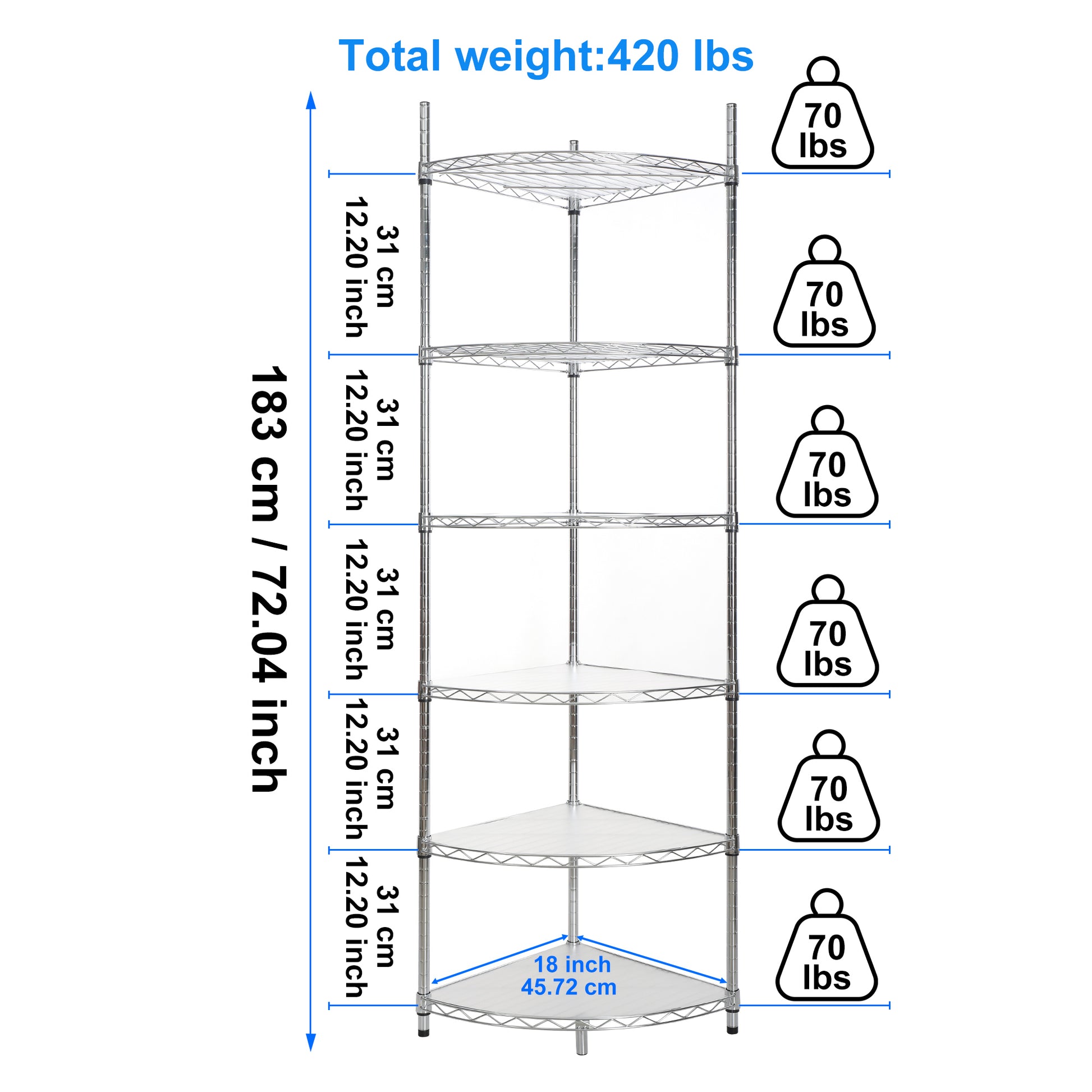 6 Tier Shelf Corner Wire Shelf Rack Adjustable Metal Heavy Duty Free Standing Corner Storage Display Chrome Rack For Bathroom, Living Room, Kitchen Chrome Chrome Iron Plastic