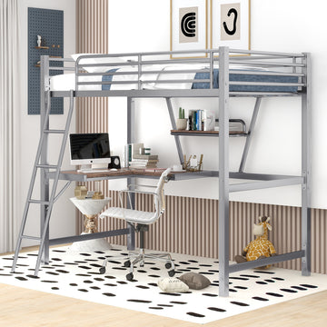 Twin Size Loft Metal&Mdf Bed With Desk And Shelf, Silver Old Sku:Sm001105Aan 1 Twin Silver Metal