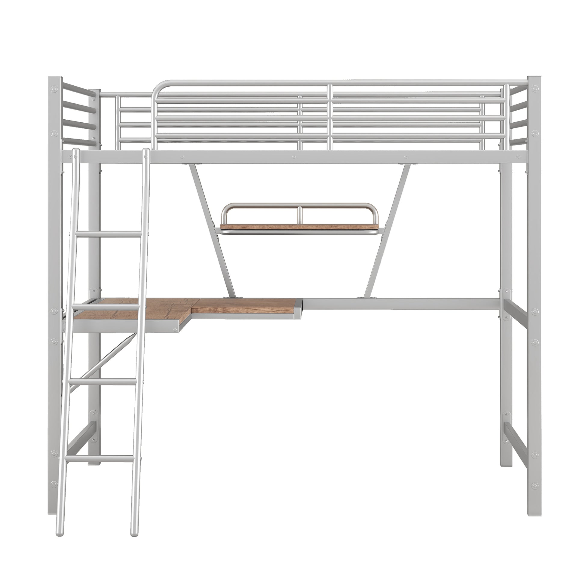 Twin Size Loft Metal&Mdf Bed With Desk And Shelf, Silver Old Sku:Sm001105Aan 1 Twin Silver Metal