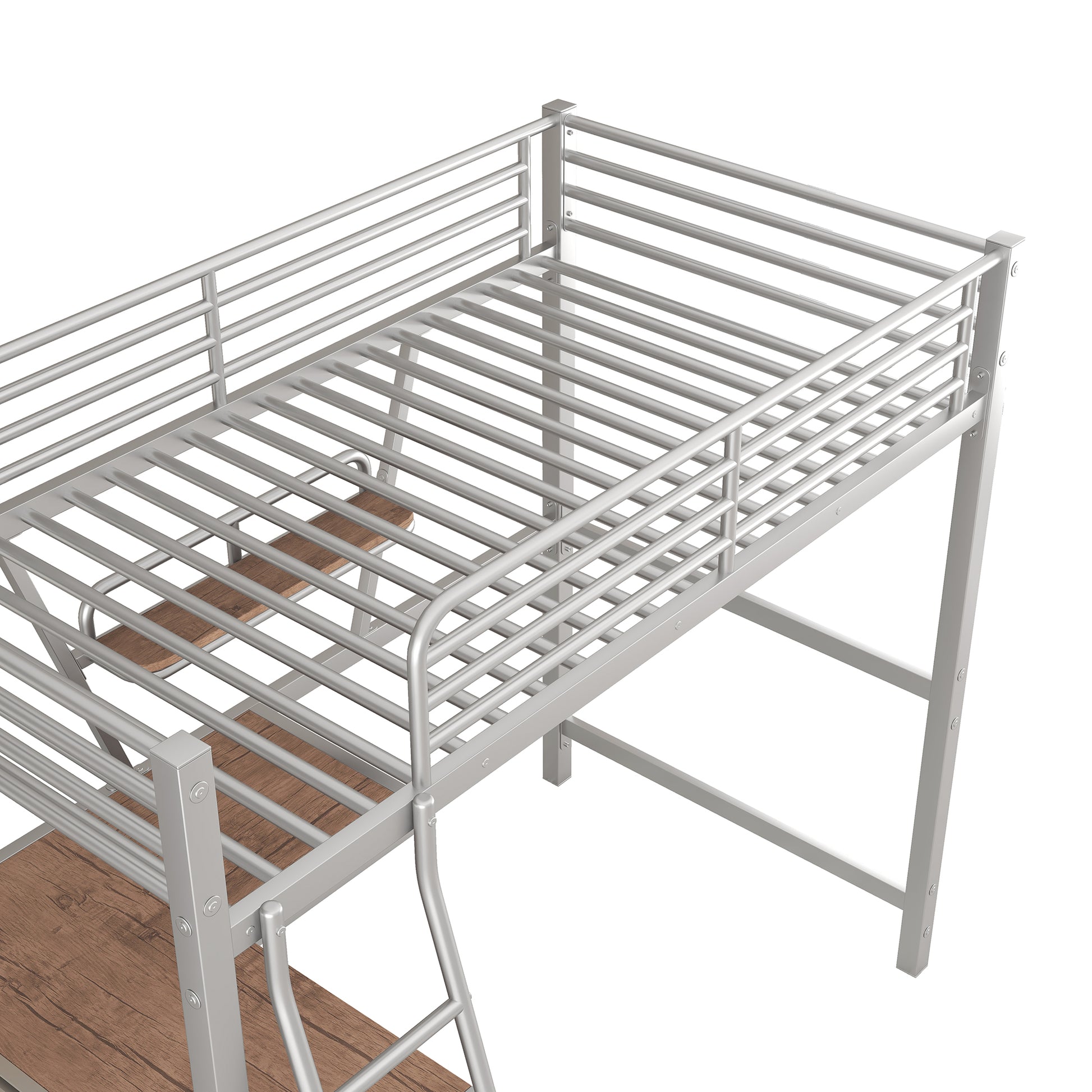 Twin Size Loft Metal&Mdf Bed With Desk And Shelf, Silver Old Sku:Sm001105Aan 1 Twin Silver Metal