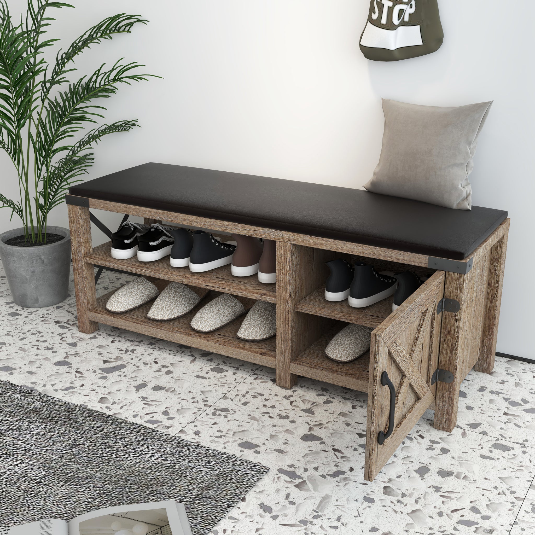 Modern Farmhouse Shoes Bench With Seat Cushion light brown-particle board