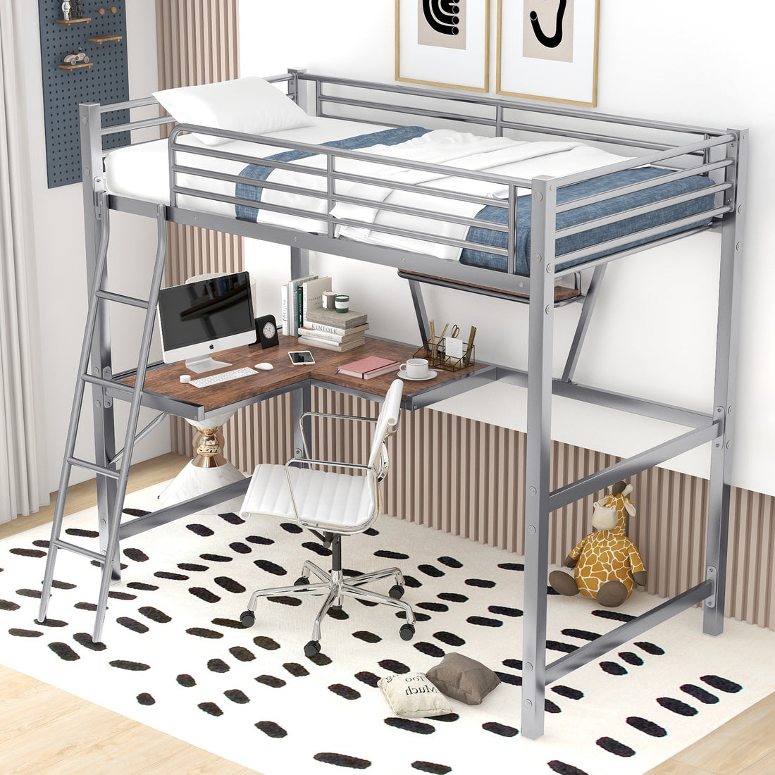 Twin Size Loft Metal&Mdf Bed With Desk And Shelf, Silver Old Sku:Sm001105Aan 1 Twin Silver Metal