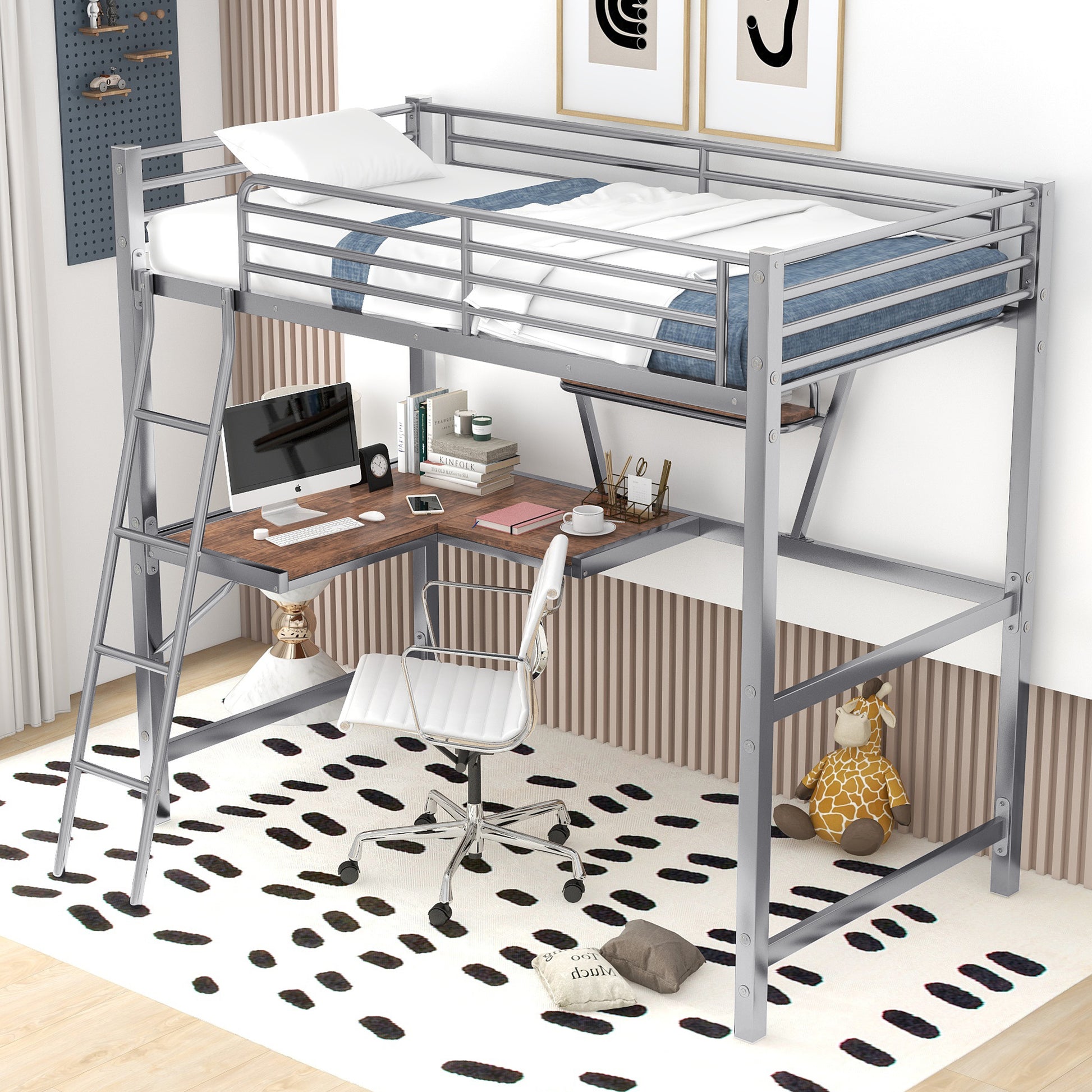 Twin Size Loft Metal&Mdf Bed With Desk And Shelf, Silver Old Sku:Sm001105Aan 1 Twin Silver Metal