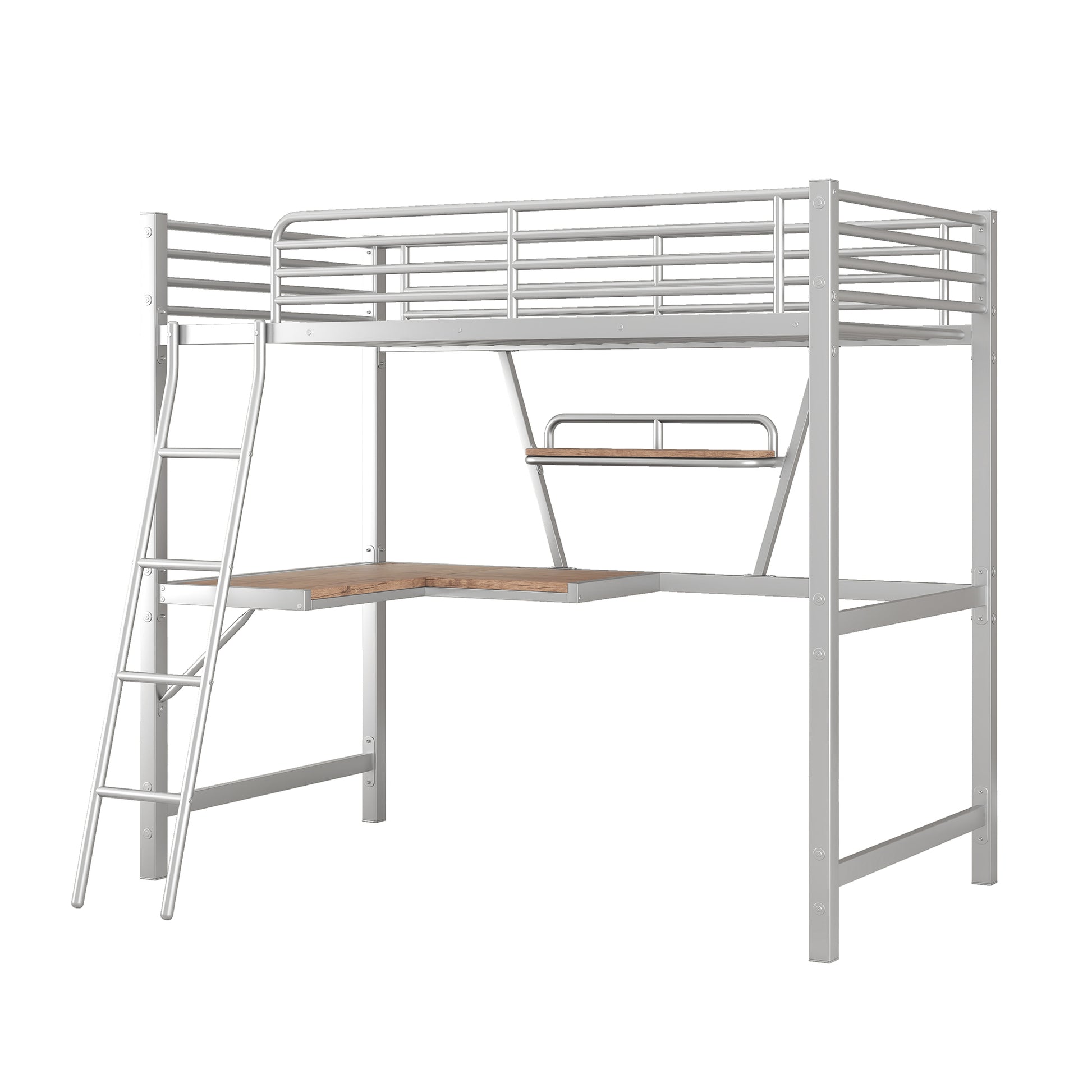 Twin Size Loft Metal&Mdf Bed With Desk And Shelf, Silver Old Sku:Sm001105Aan 1 Twin Silver Metal