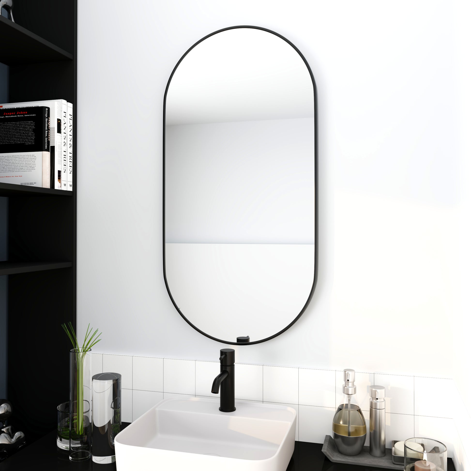 18 X 35 Inch Bathroom Mirror Black Aluminum Frame Black Modern Glass