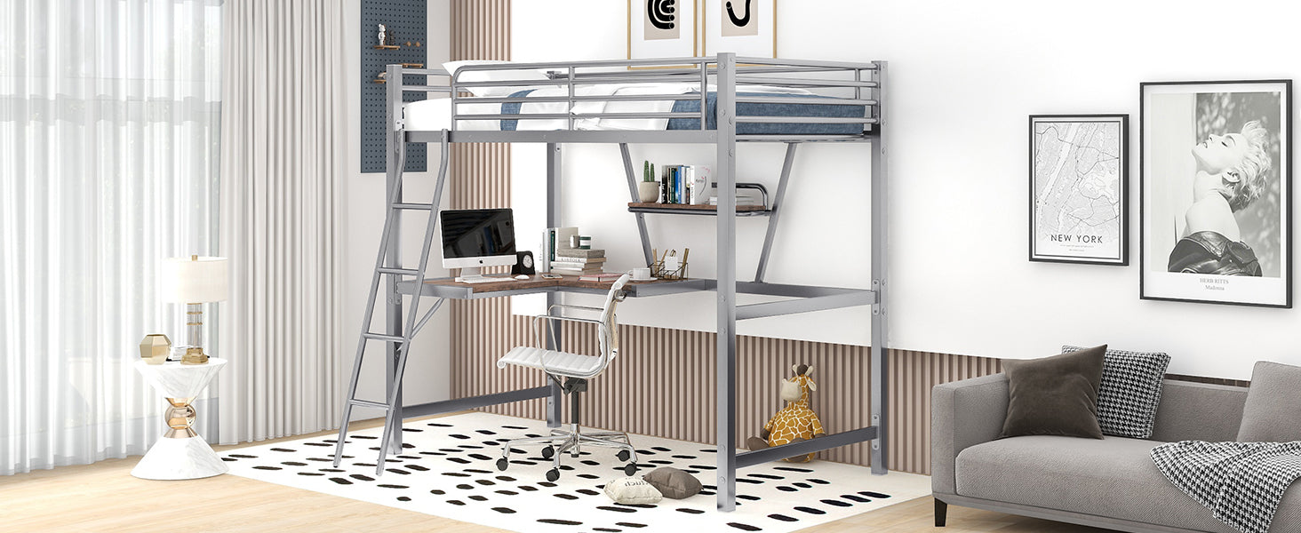 Twin Size Loft Metal&Mdf Bed With Desk And Shelf, Silver Old Sku:Sm001105Aan 1 Twin Silver Metal