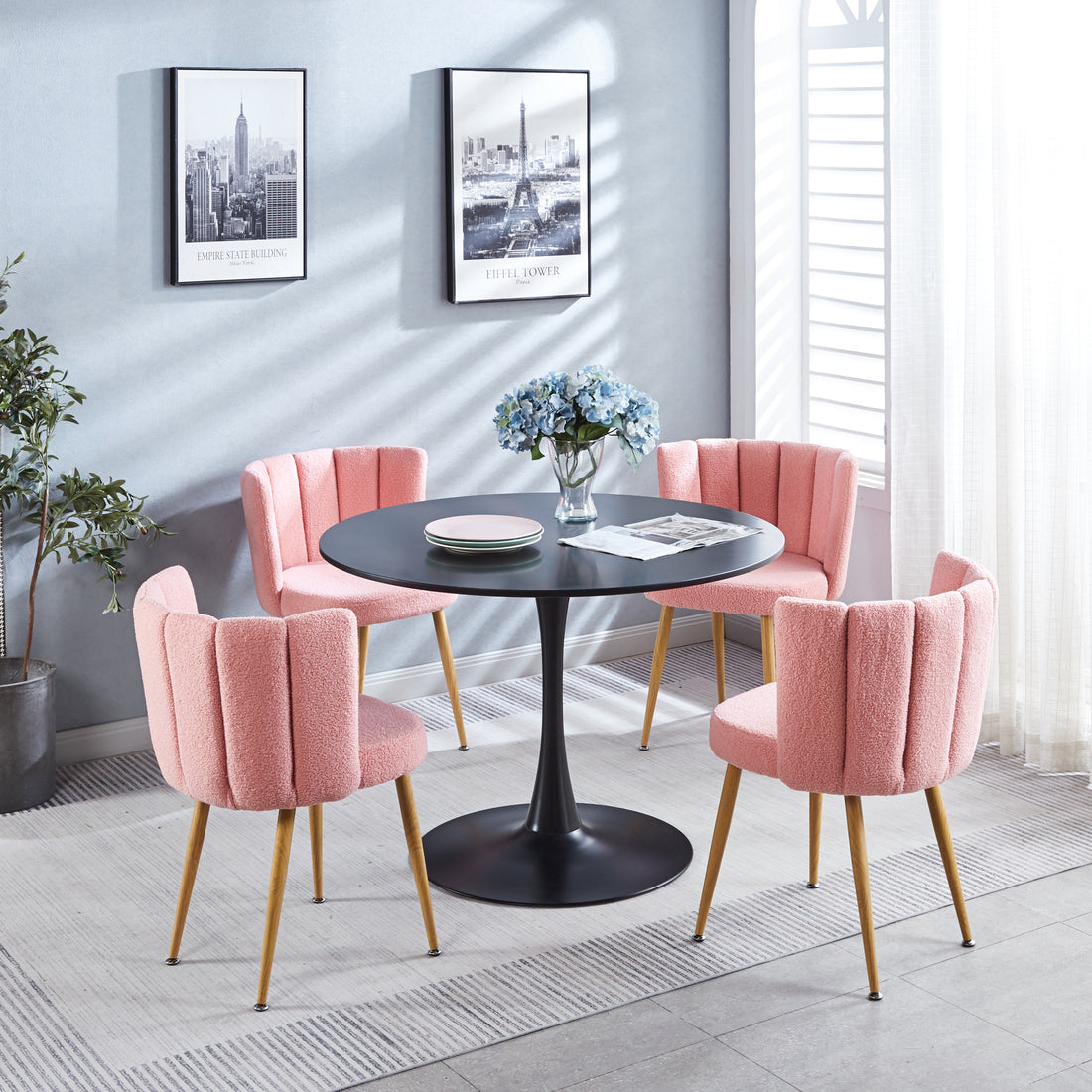 Modern Pink Dining Chair Set Of 2 With Iron Tube Wood Color Legs, Shorthair Cushions And Comfortable Backrest, Suitable For Dining Room, Living Room, Cafe, Simple Structure. Light Pink Fabric