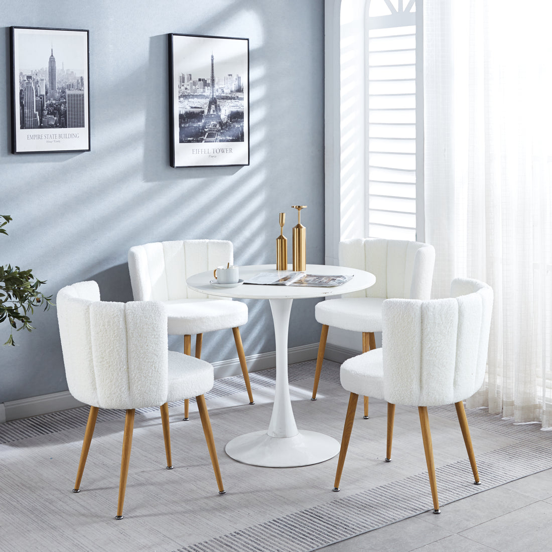 1 4,5Pieces Table And Chair,White Dining Sets,Kitchen Sets,Coffee Sets,Mdf Table And Fabric Chair White Metal