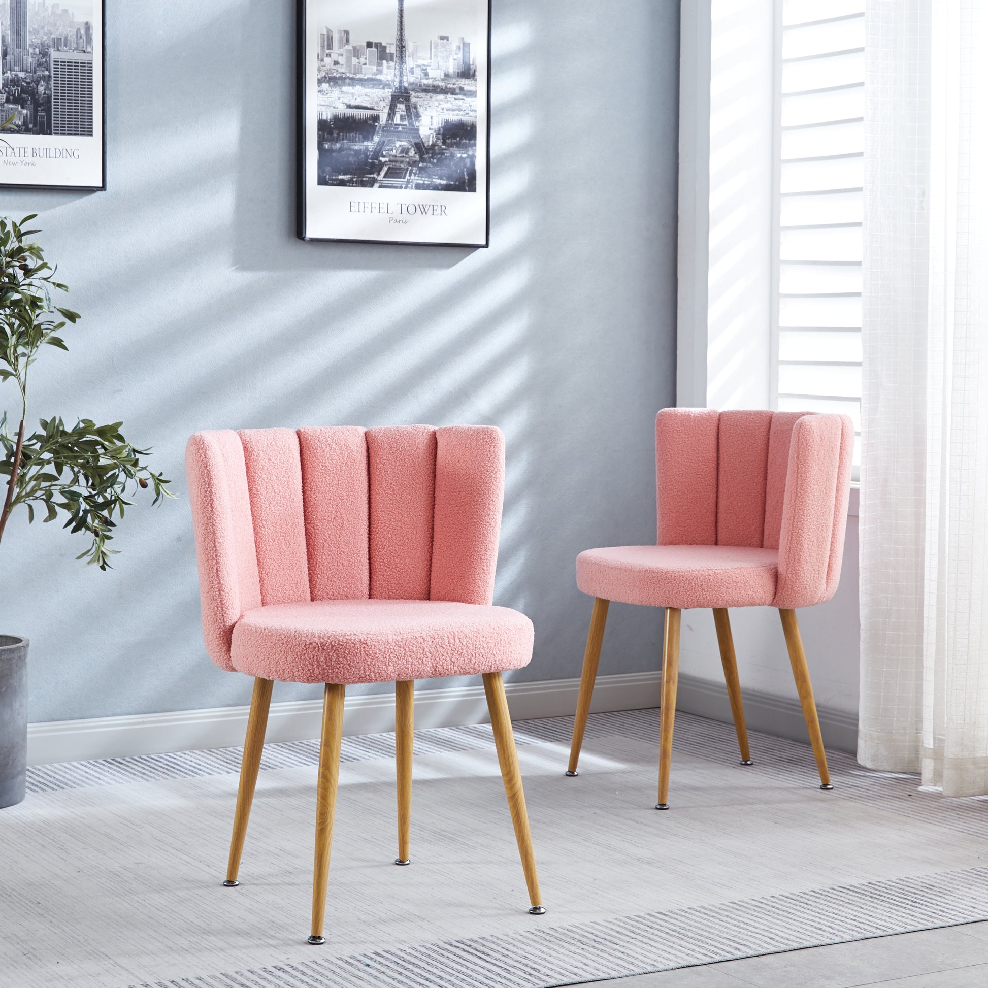 Modern Pink Dining Chair Set Of 2 With Iron Tube Wood Color Legs, Shorthair Cushions And Comfortable Backrest, Suitable For Dining Room, Living Room, Cafe, Simple Structure. Light Pink Fabric