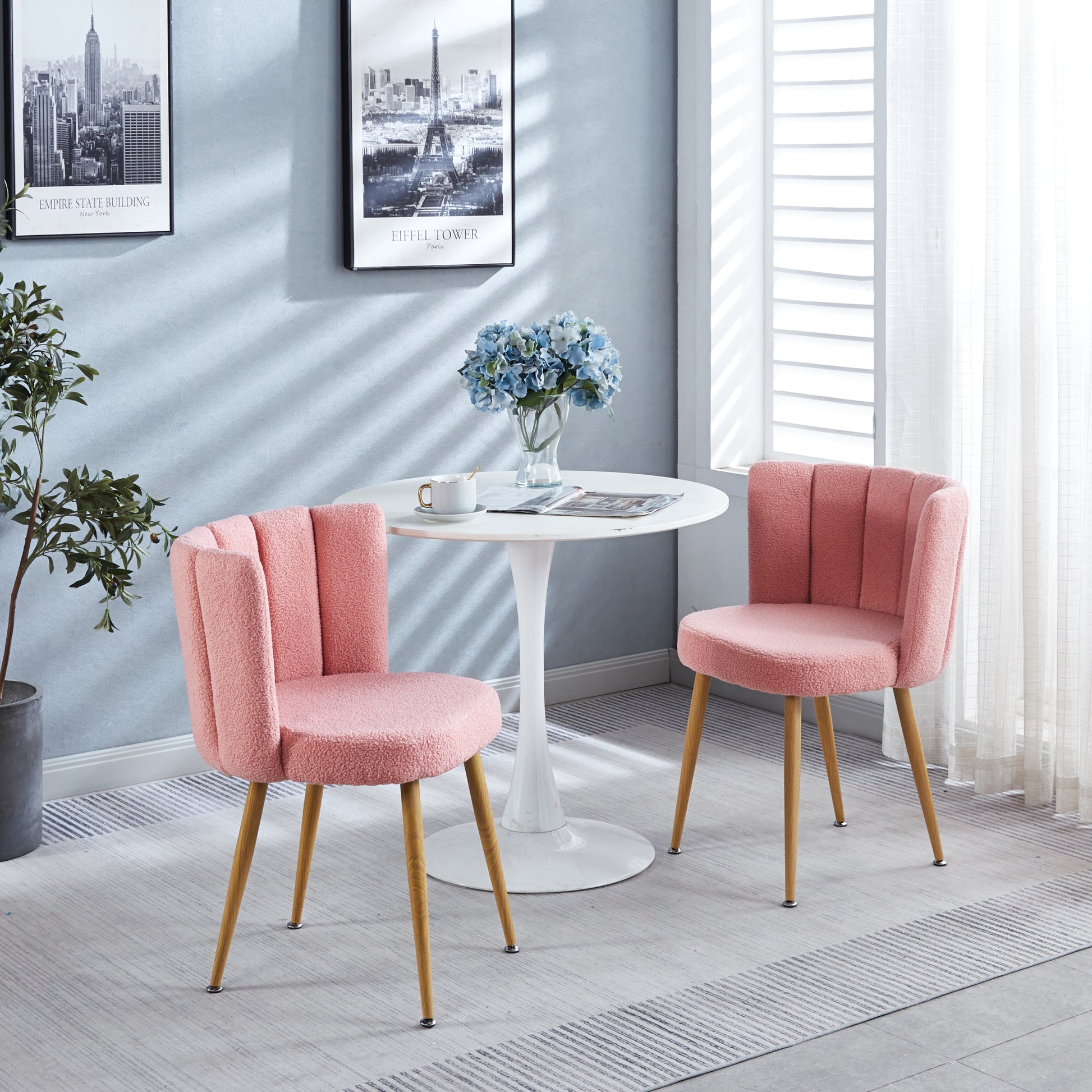 Modern Pink Dining Chair Set Of 2 With Iron Tube Wood Color Legs, Shorthair Cushions And Comfortable Backrest, Suitable For Dining Room, Living Room, Cafe, Simple Structure. Light Pink Fabric