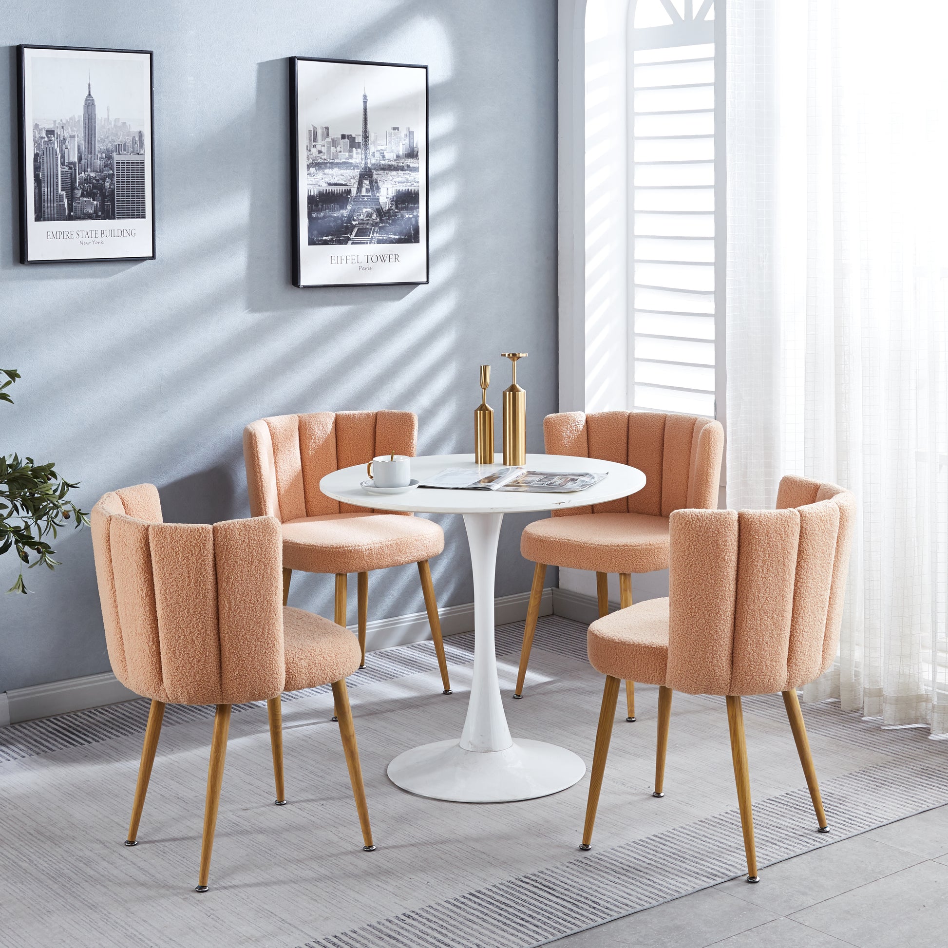 Modern Beige Dining Chair Set Of With Iron Tube Wood Color Legs, Sho