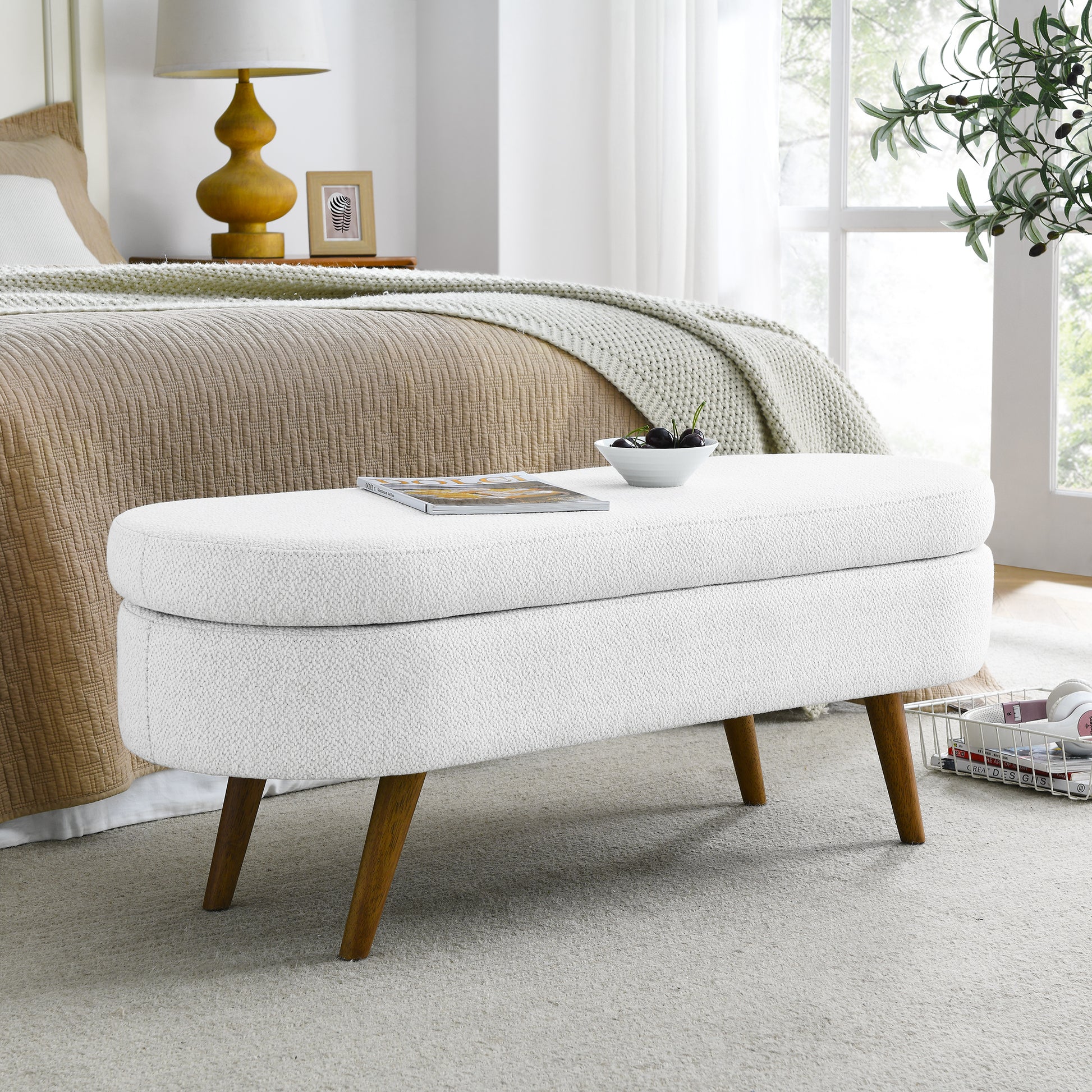 Ottoman Oval Storage Bench,Rubber Wood Legs,White 43.5"X16"X16" White Linen