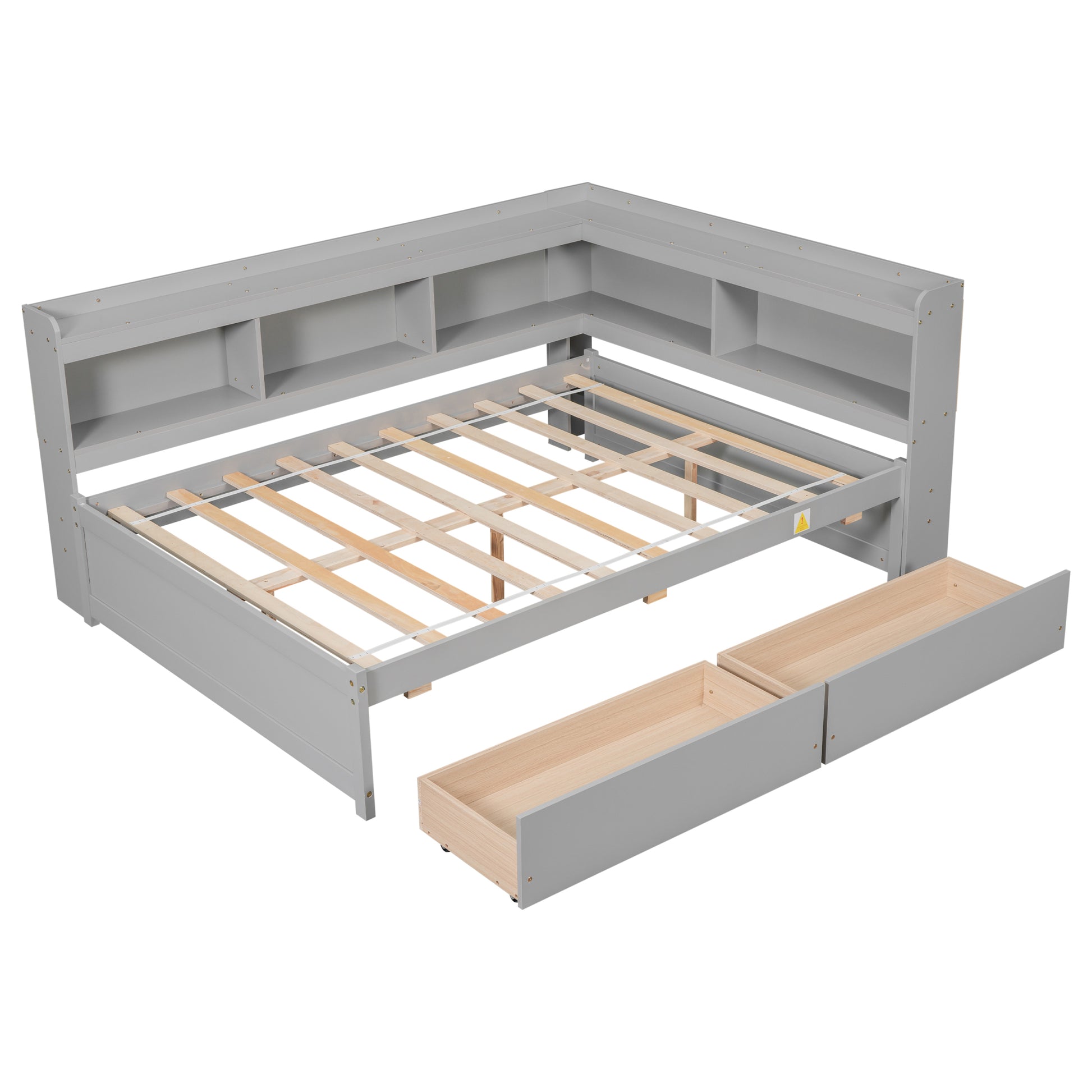 Full Bed With L Shaped Bookcases, Drawers ,Grey Full Grey Pine