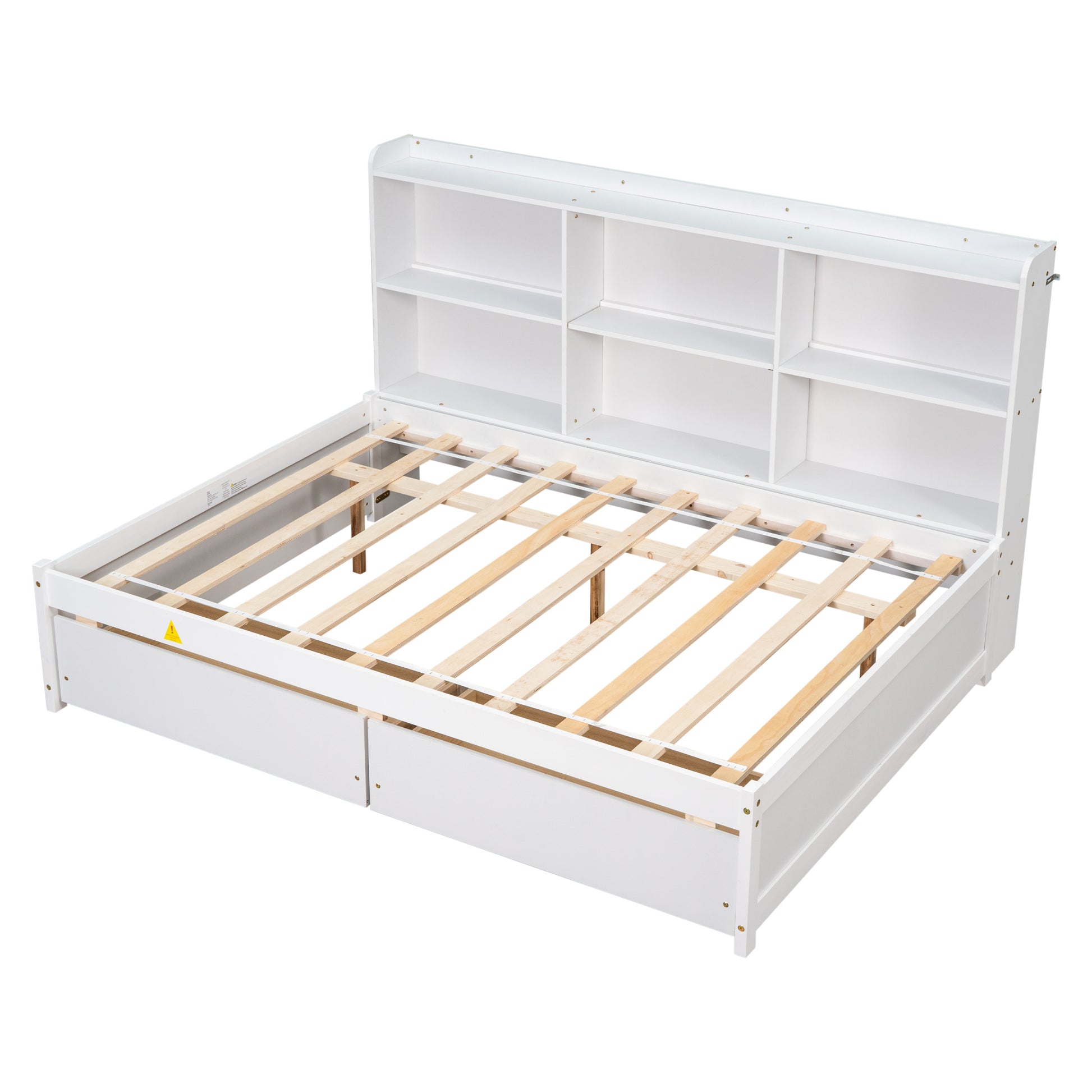 Full Bed With Side Bookcase, Drawers,White White Pine