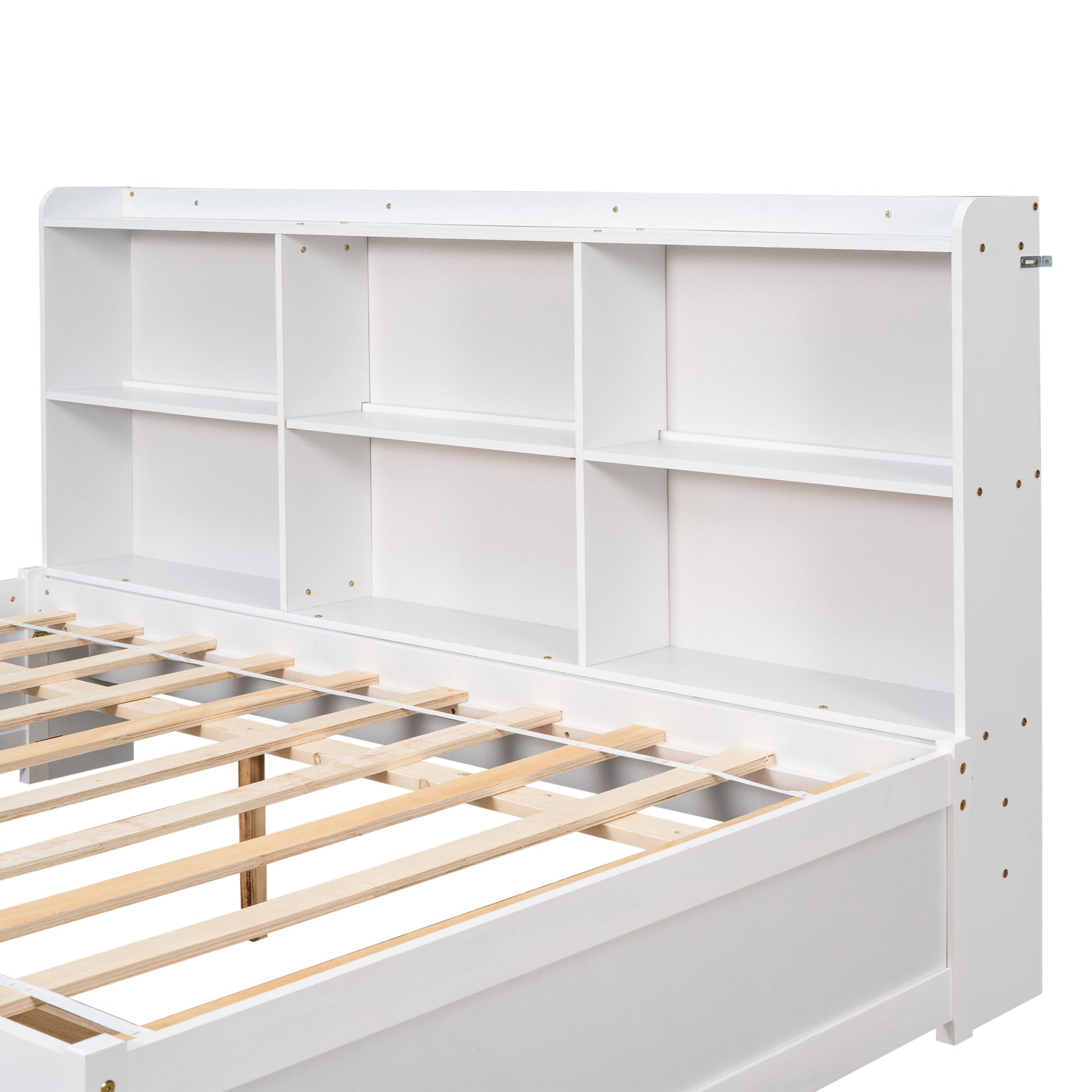 Full Bed With Side Bookcase, Drawers,White White Pine