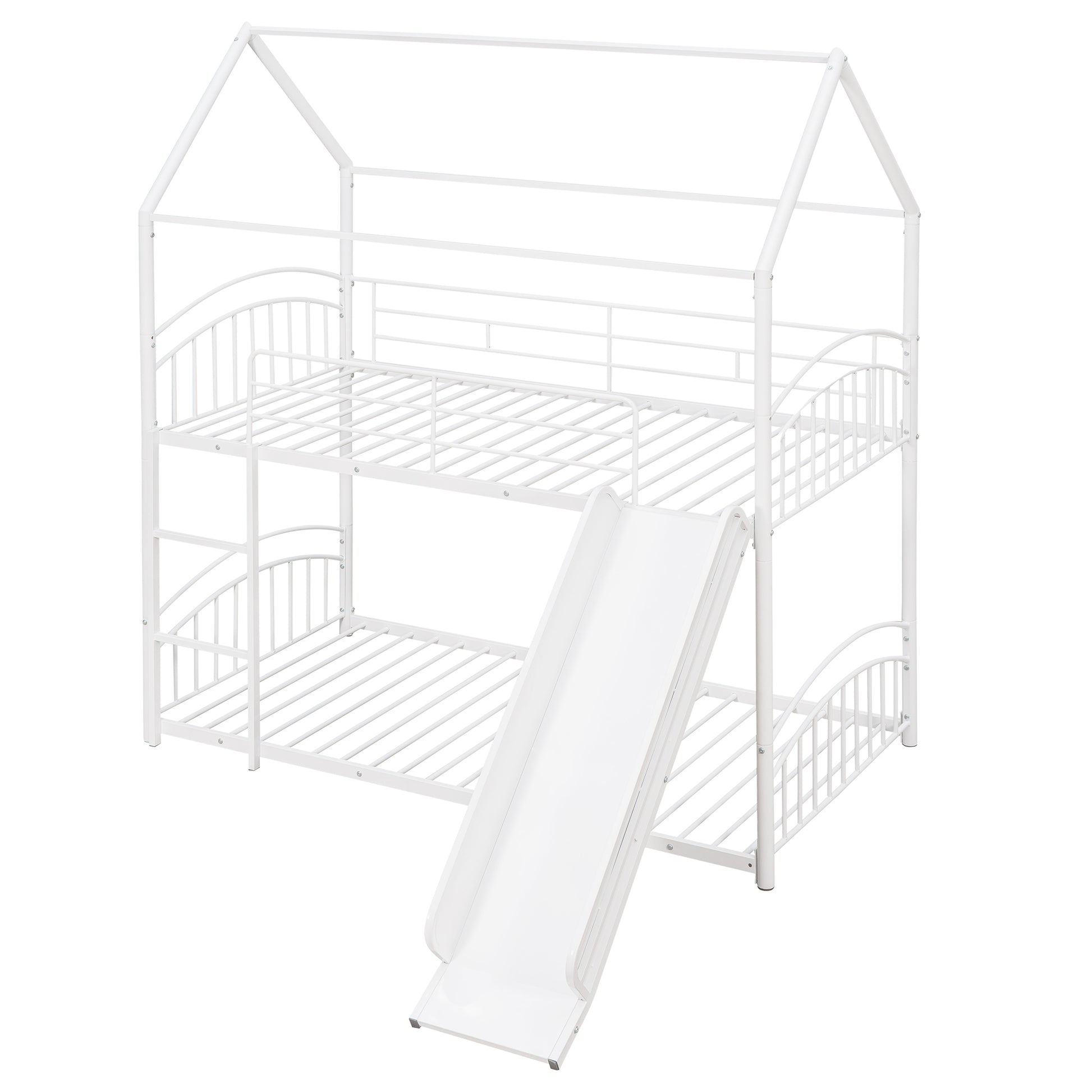 Twin Over Twin Metal Bunk Bed With Slide,Kids House Bed White White Metal