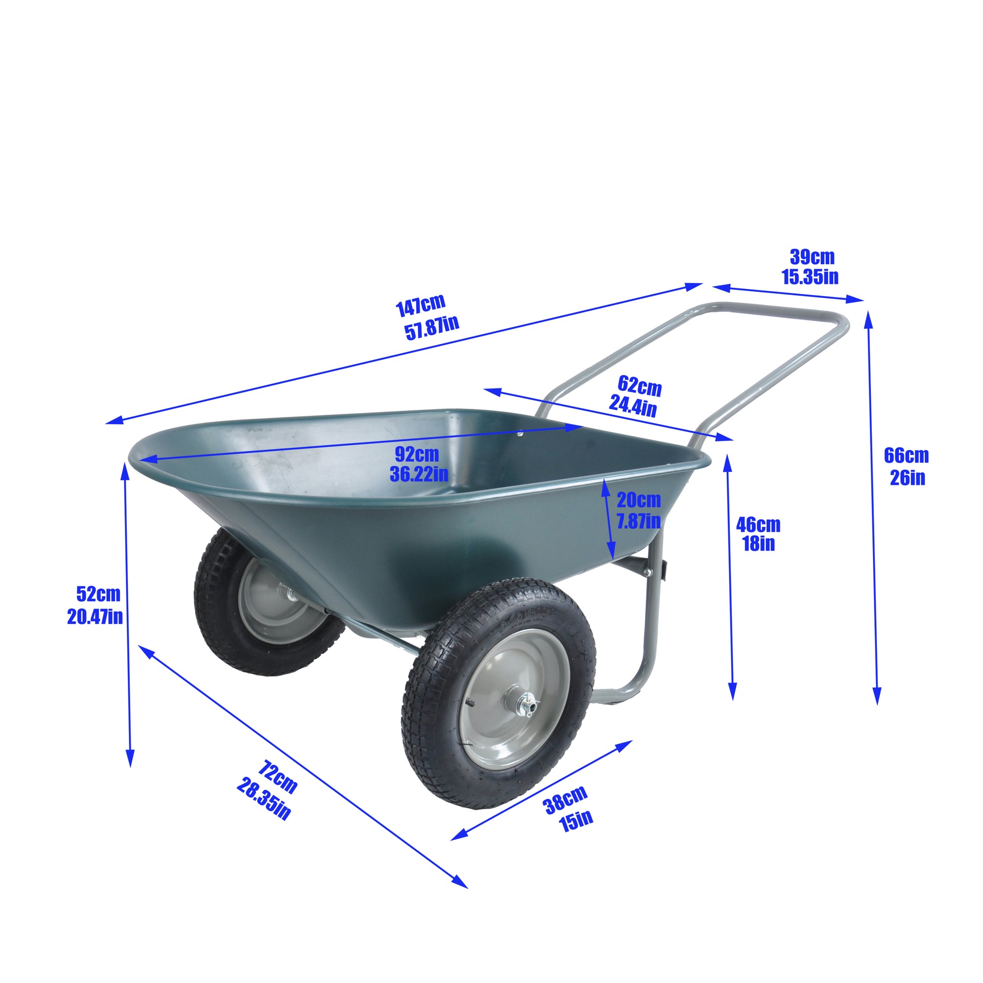 Wheel Barrow Two Wheeled Trolley For Green Garden 15 Inch Pneumatic Wheel Wb1001Gn Green Abs Steel Q235