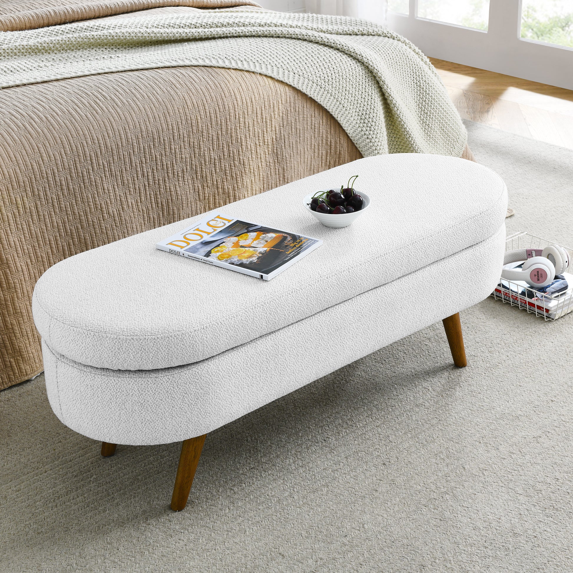 Ottoman Oval Storage Bench,Rubber Wood Legs,White 43.5"X16"X16" White Linen