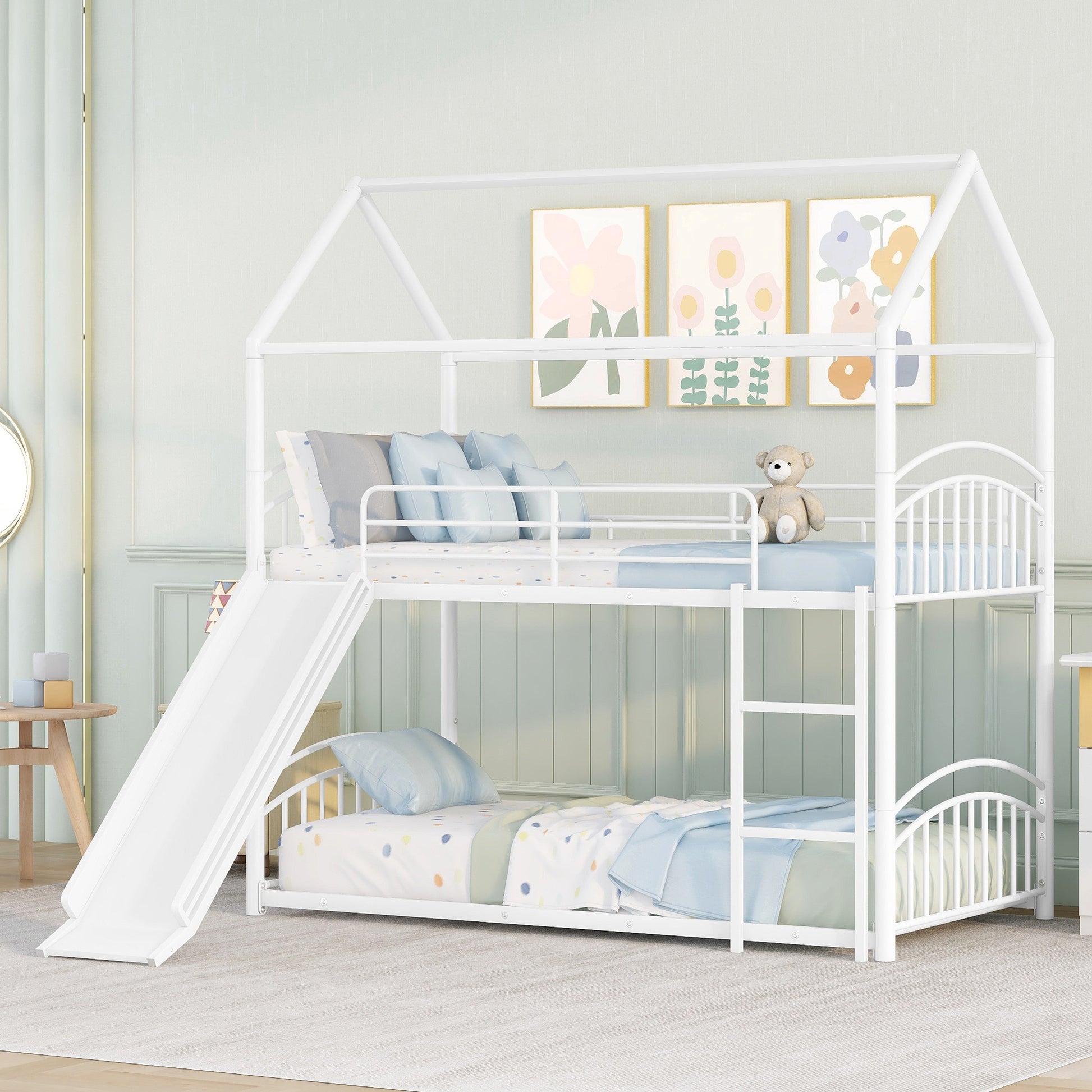 Twin Over Twin Metal Bunk Bed With Slide,Kids House Bed White White Metal