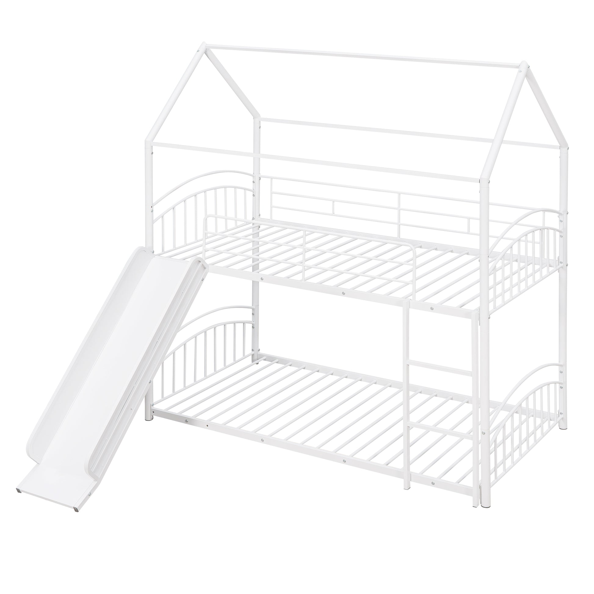 Twin Over Twin Metal Bunk Bed With Slide,Kids House Bed White White Metal