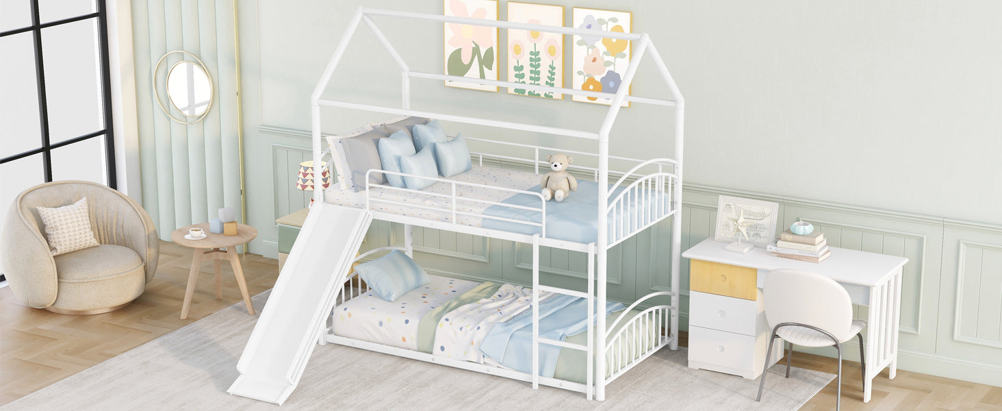 Twin Over Twin Metal Bunk Bed With Slide,Kids House Bed White White Metal