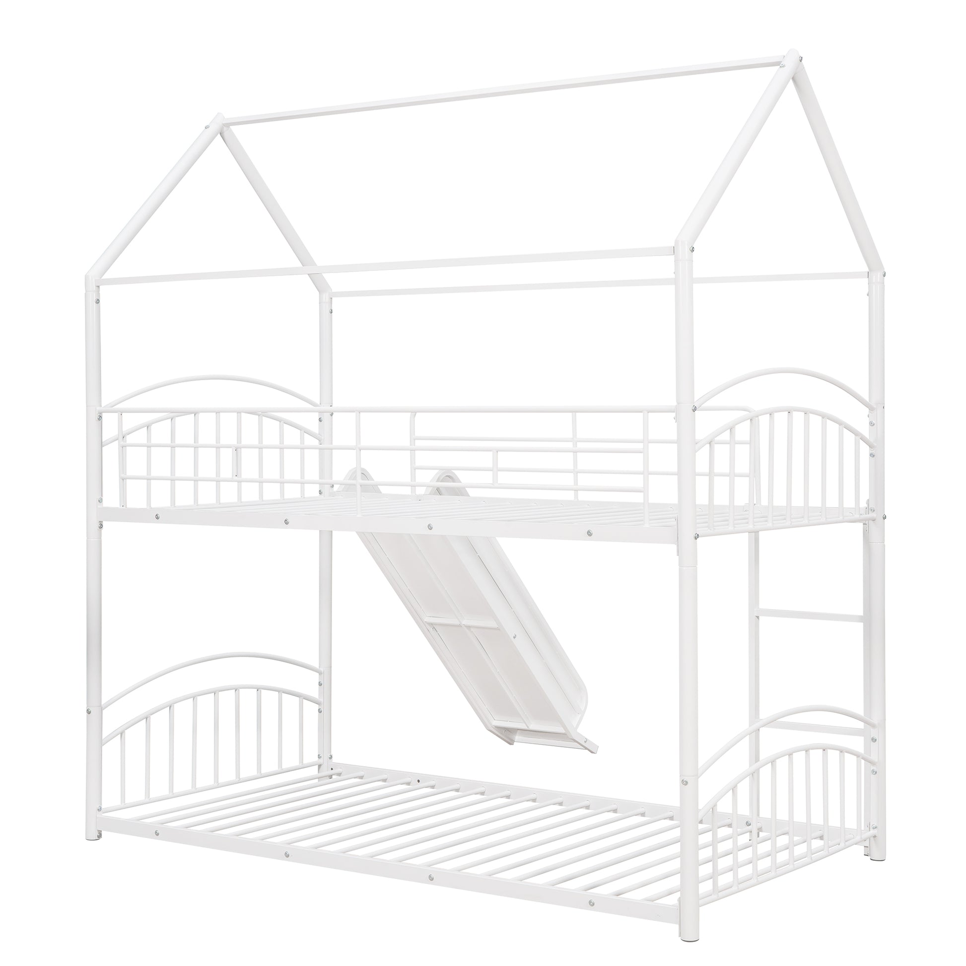 Twin Over Twin Metal Bunk Bed With Slide,Kids House Bed White White Metal