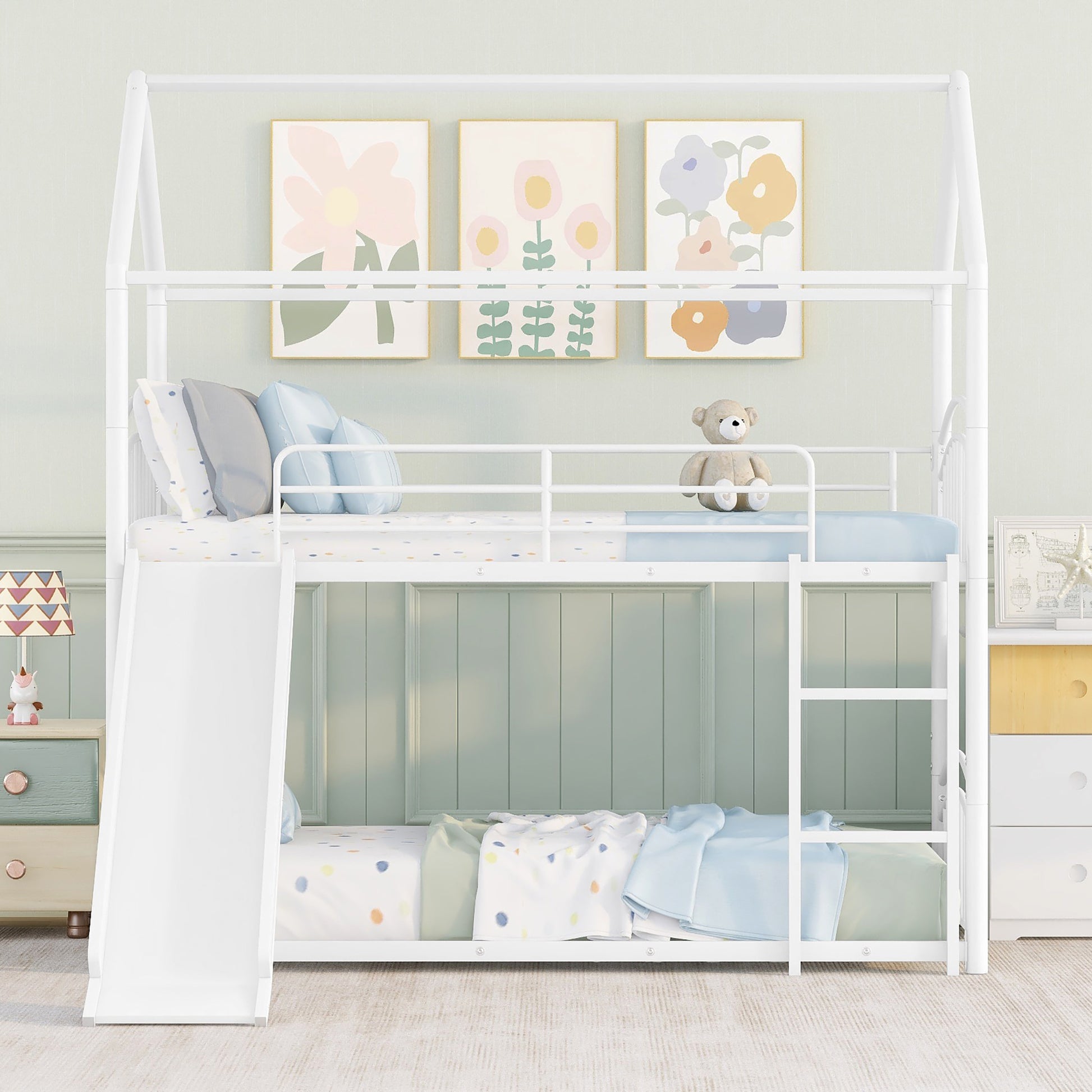 Twin Over Twin Metal Bunk Bed With Slide,Kids House Bed White White Metal