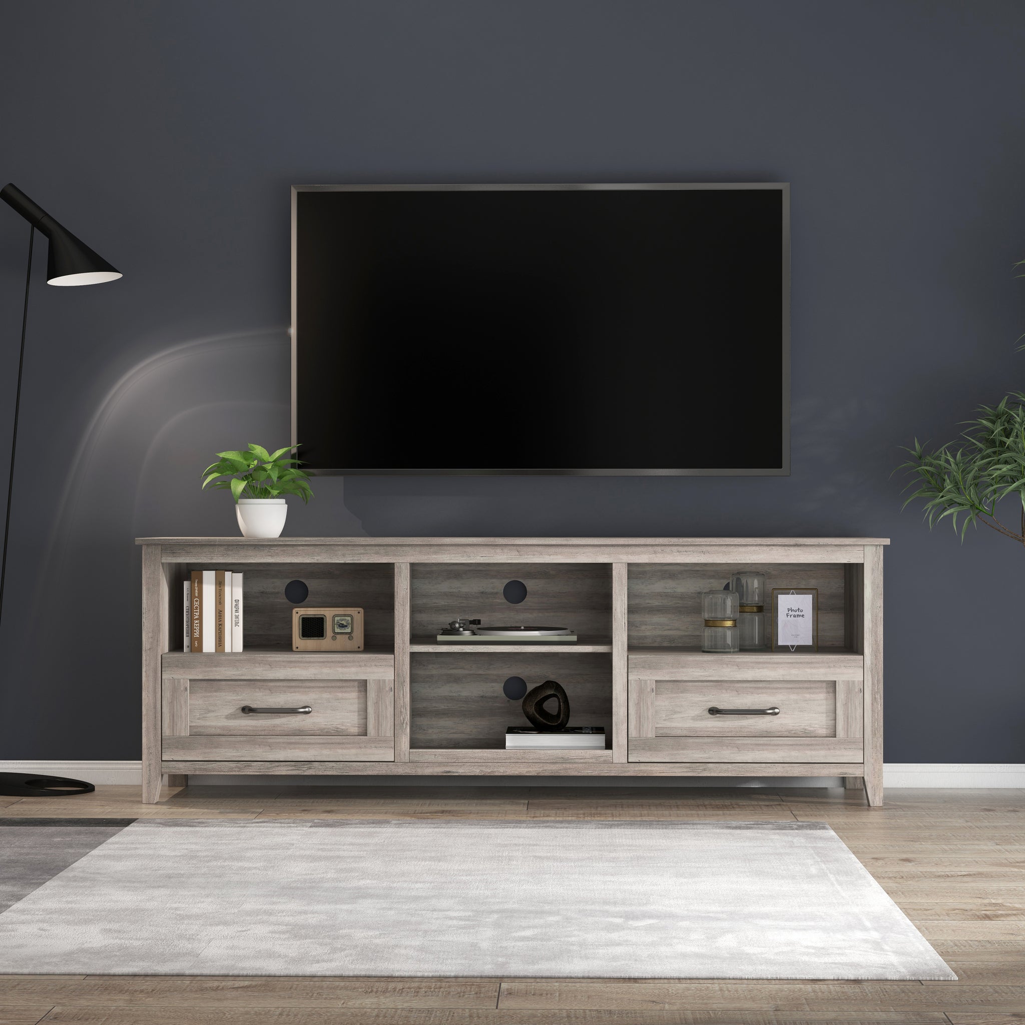 70.08 Inch Length Tv Stand For Living Room And Bedroom, With 2 Drawers And 4 High Capacity Storage Compartment, Grey Walnut Grey Particle Board