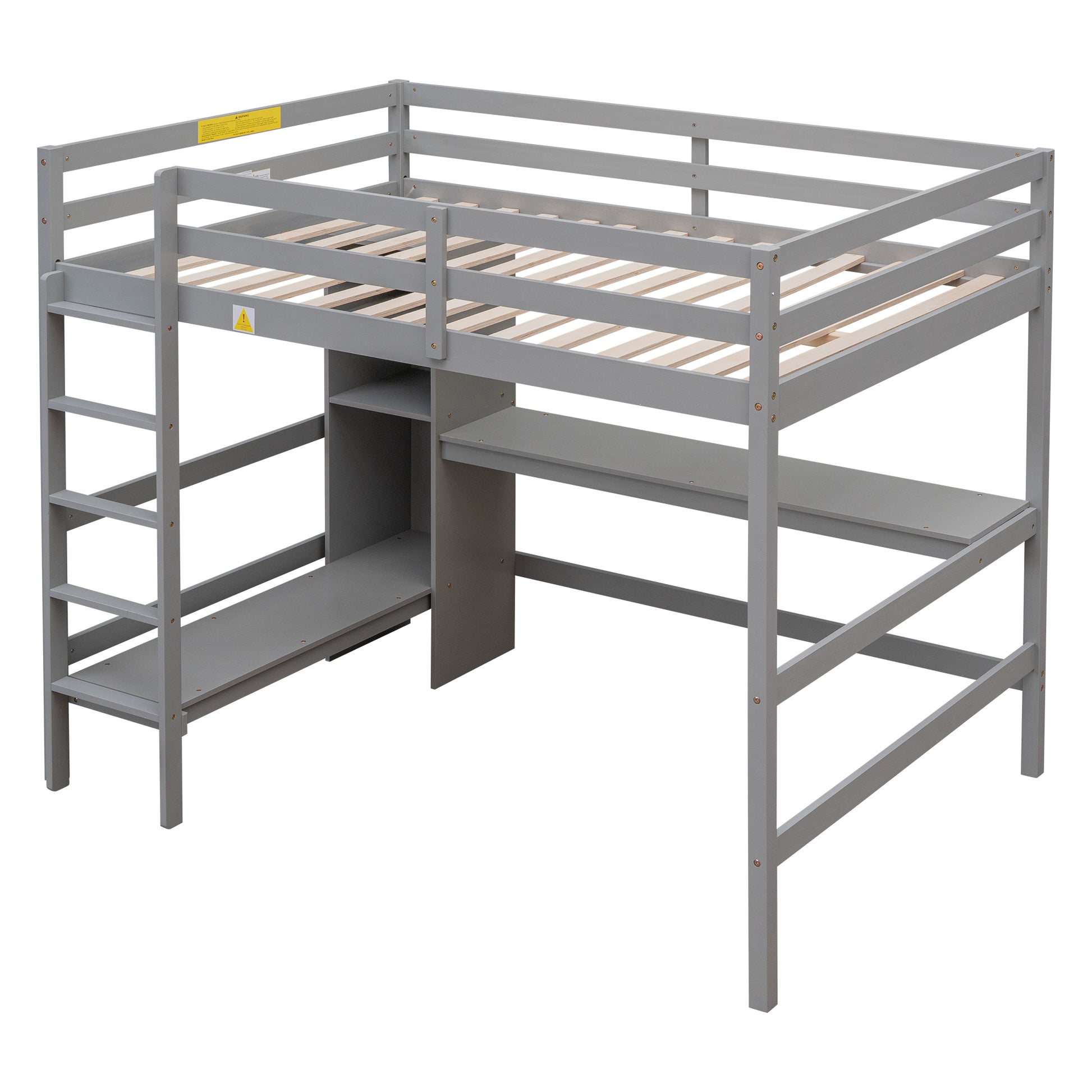 Full Size Loft Bed With Multifunction Shelves And Under Bed Desk, Gray Gray Pine