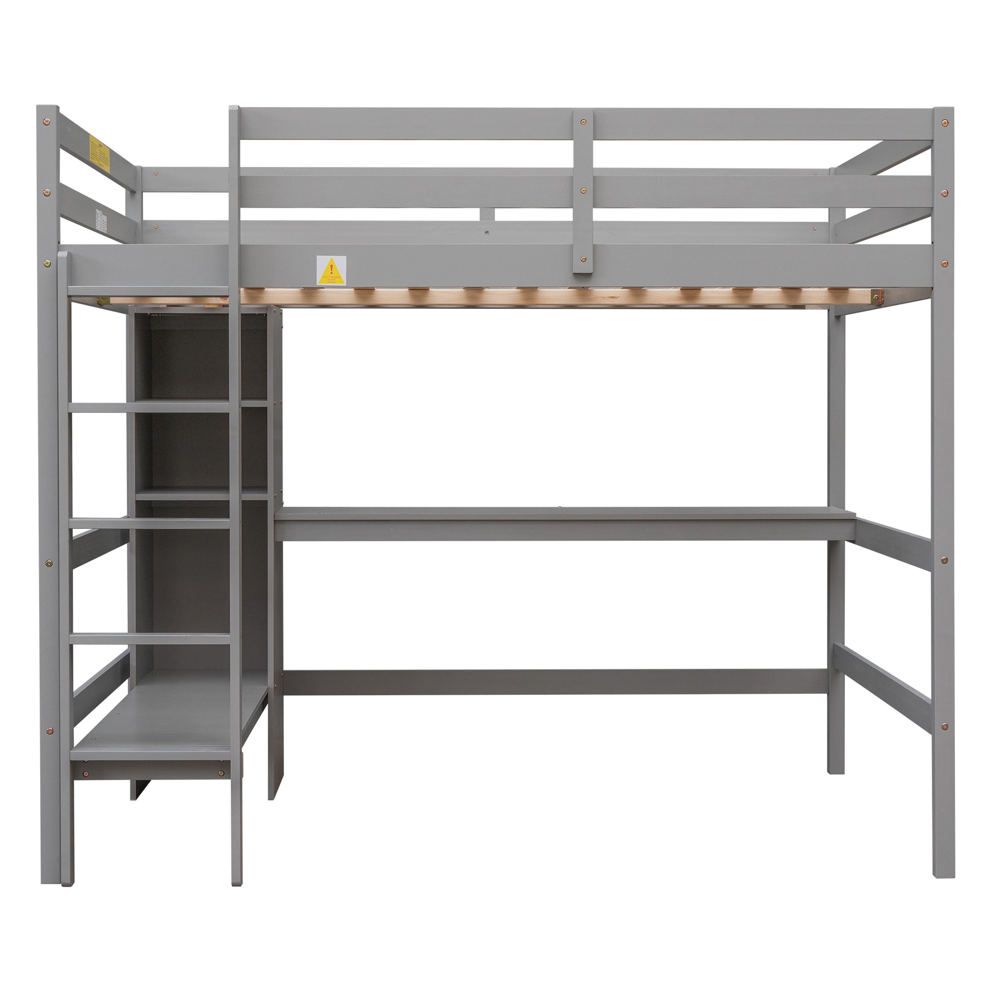 Full Size Loft Bed With Multifunction Shelves And Under Bed Desk, Gray Gray Pine