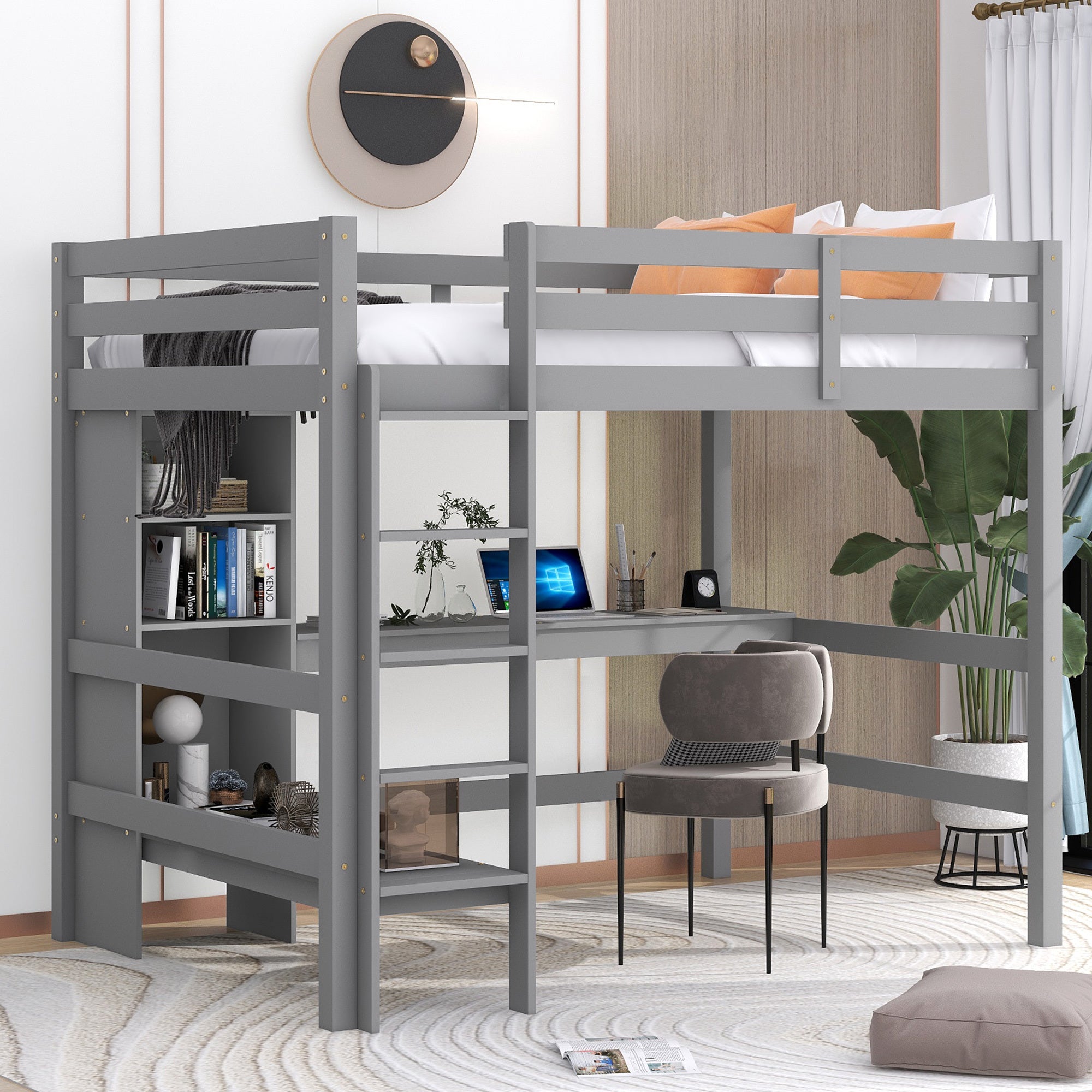 Full Size Loft Bed With Multifunction Shelves And Under Bed Desk, Gray Gray Pine