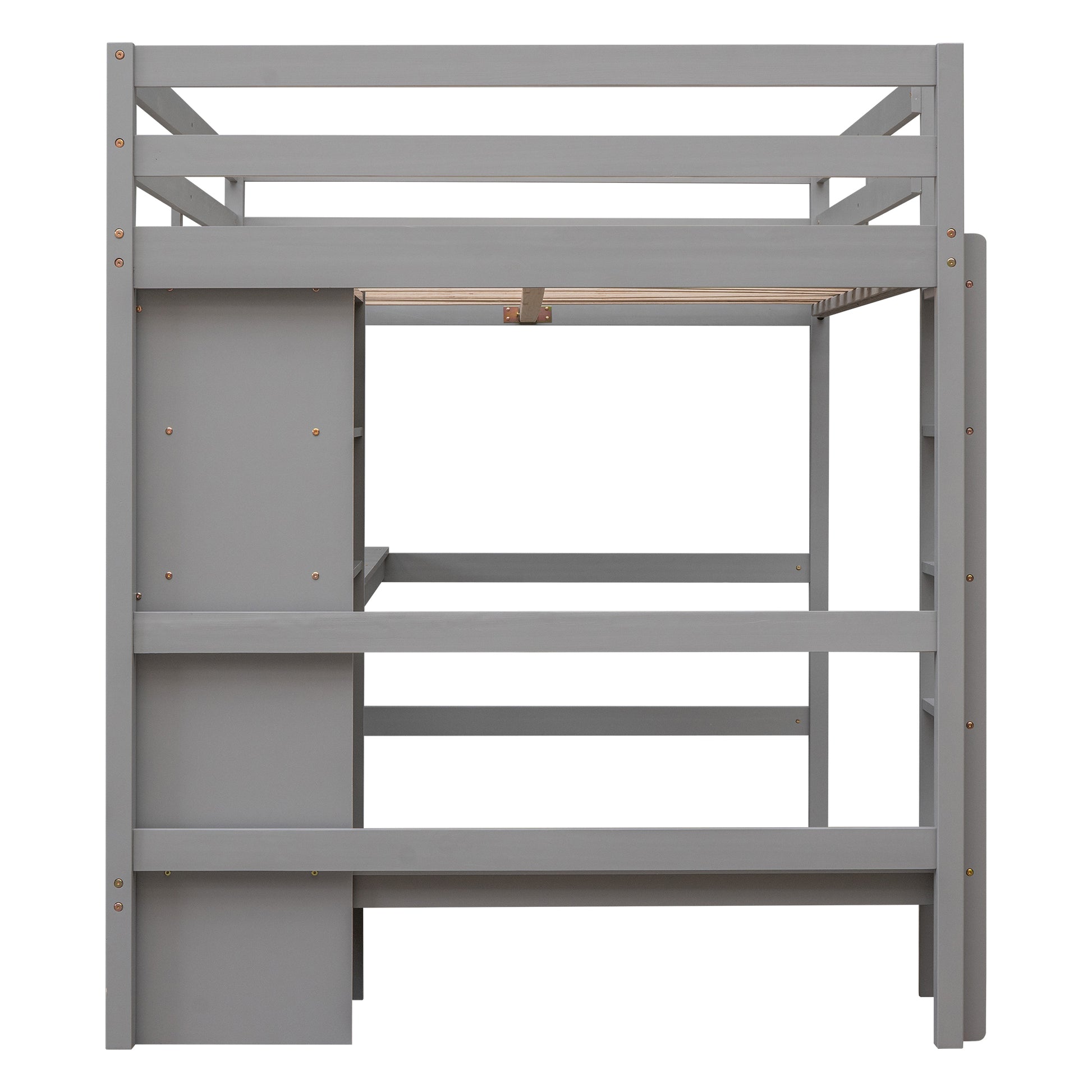 Full Size Loft Bed With Multifunction Shelves And Under Bed Desk, Gray Gray Pine