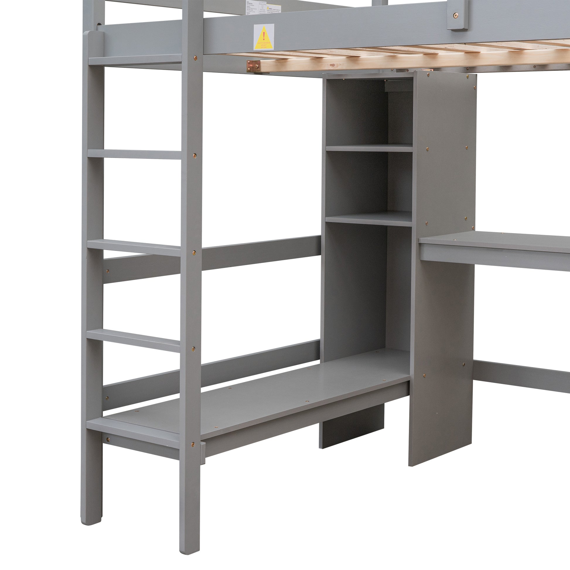 Full Size Loft Bed With Multifunction Shelves And Under Bed Desk, Gray Gray Pine