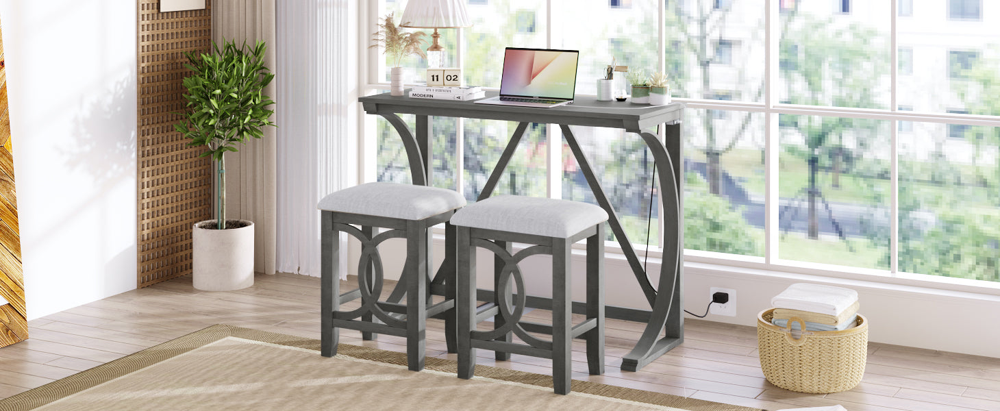 Farmhouse 3 Piece Counter Height Dining Table Set With Usb Port And Upholstered Stools,Gray Gray Wood Dining Room Solid Wood Rubberwood Rectangular Wood Wood Gray Seats 2 Farmhouse Trestle Foam Solid Wood