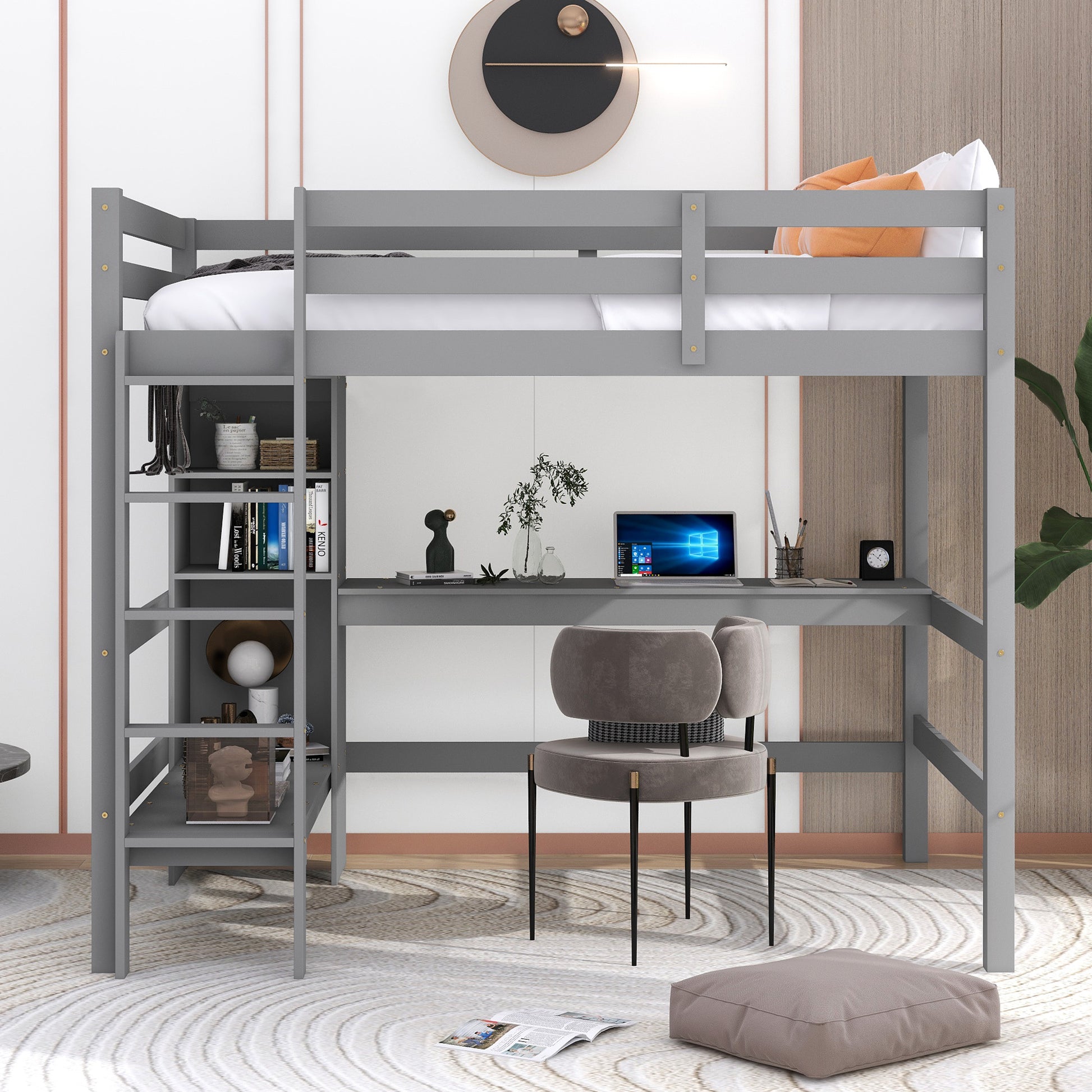 Full Size Loft Bed With Multifunction Shelves And Under Bed Desk, Gray Gray Pine