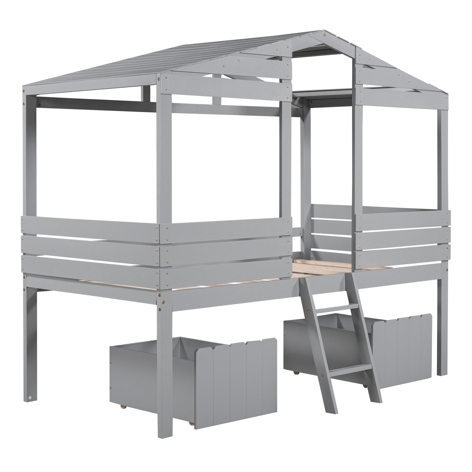 Twin Size Low Loft Wood House Bed With Two Drawers, Gray Gray Solid Wood