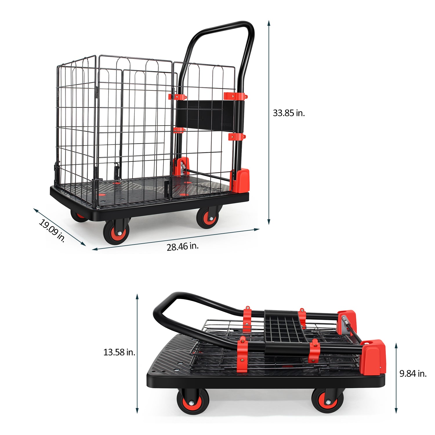 Foldable Platform Push Hand Truck Cart, Basket Cage black+red-polypropylene-metal