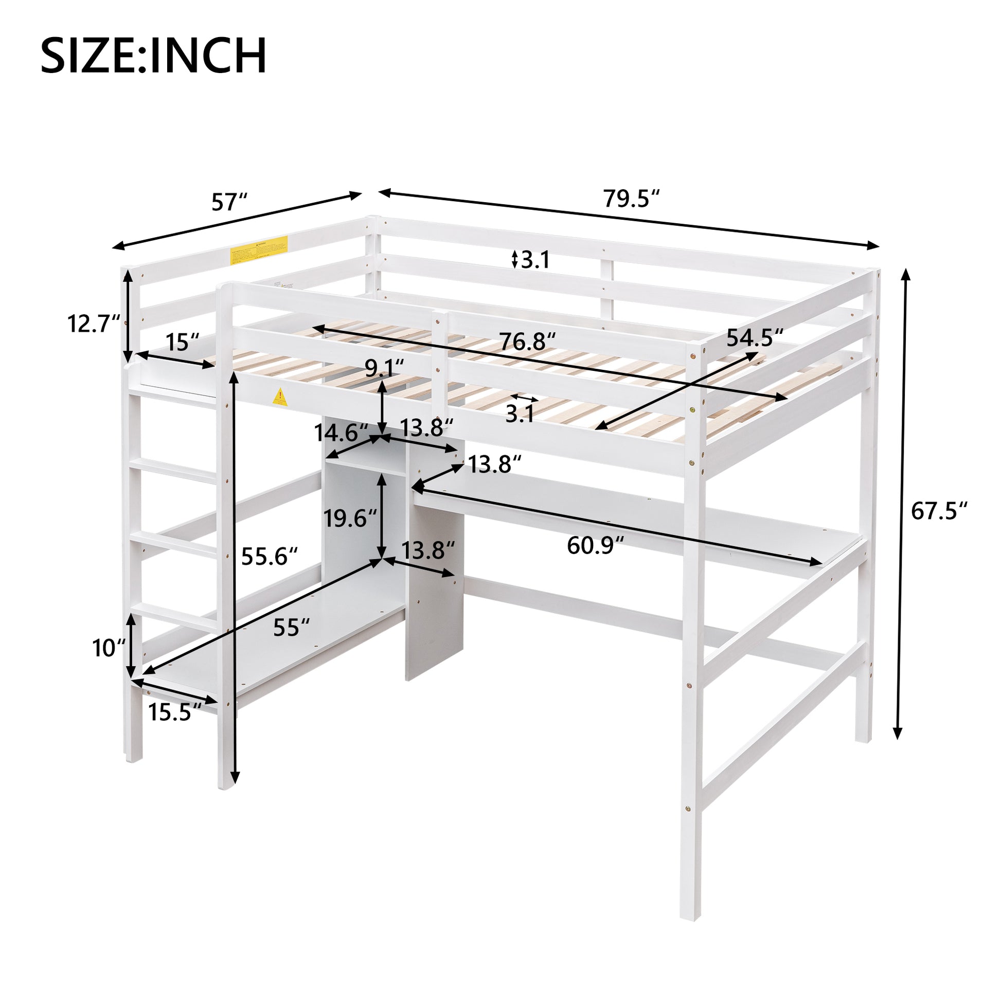 Full Size Loft Bed With Multifunction Shelves And Under Bed Desk, White White Pine