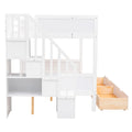 Twin Over Full Bunk Bed With Shelfs, Storage Staircase And 2 Drawers, White White Solid Wood Mdf