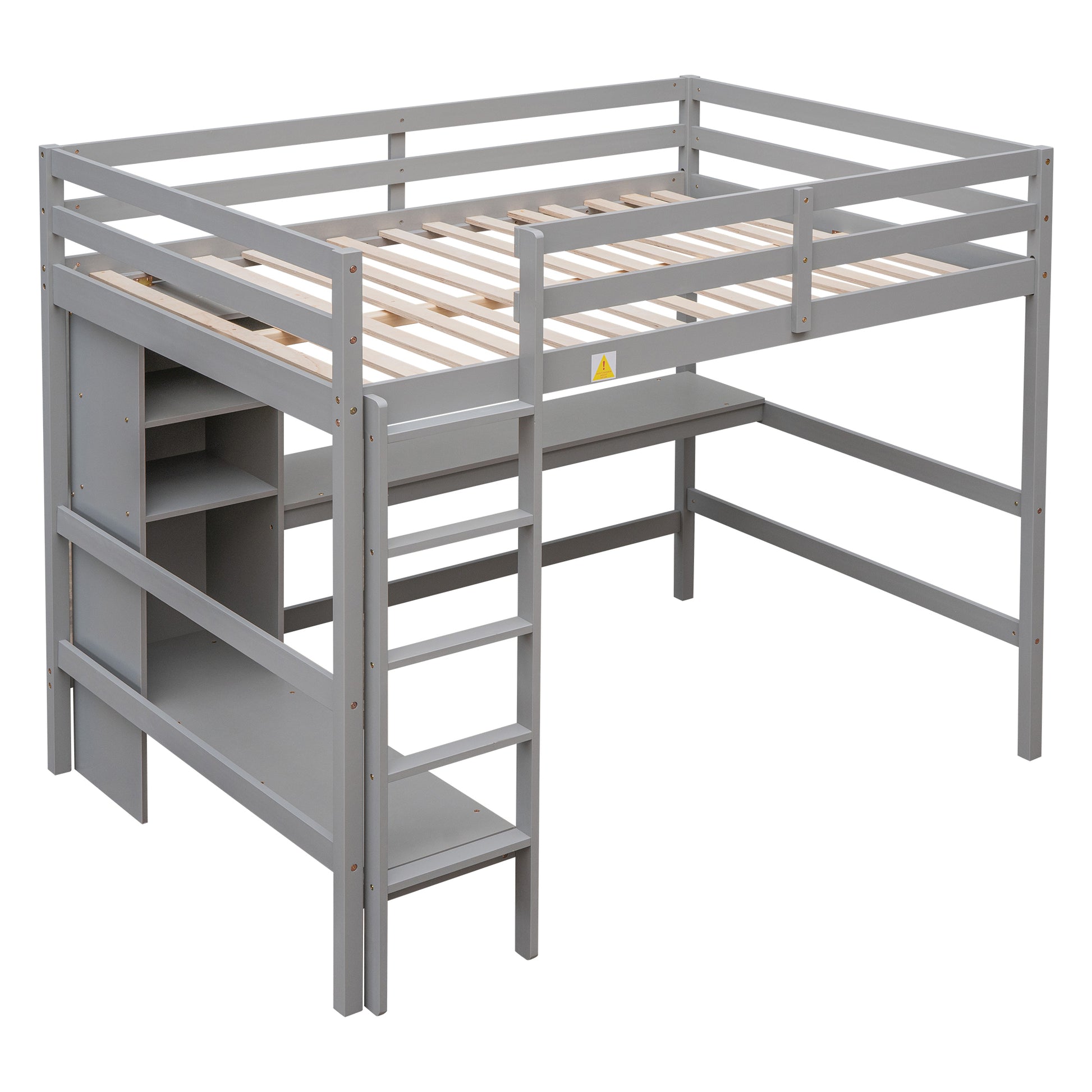 Full Size Loft Bed With Multifunction Shelves And Under Bed Desk, Gray Gray Pine