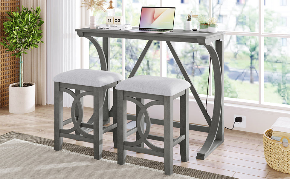 Farmhouse 3 Piece Counter Height Dining Table Set With Usb Port And Upholstered Stools,Gray Gray Wood Dining Room Solid Wood Rubberwood Rectangular Wood Wood Gray Seats 2 Farmhouse Trestle Foam Solid Wood